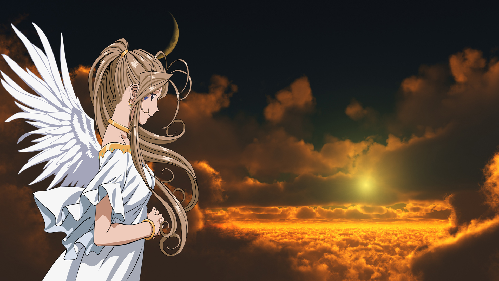 Anime 1920x1080 Belldandy Ah! My Goddess! anime girls anime brunette wings sky long hair fantasy art fantasy girl Sun