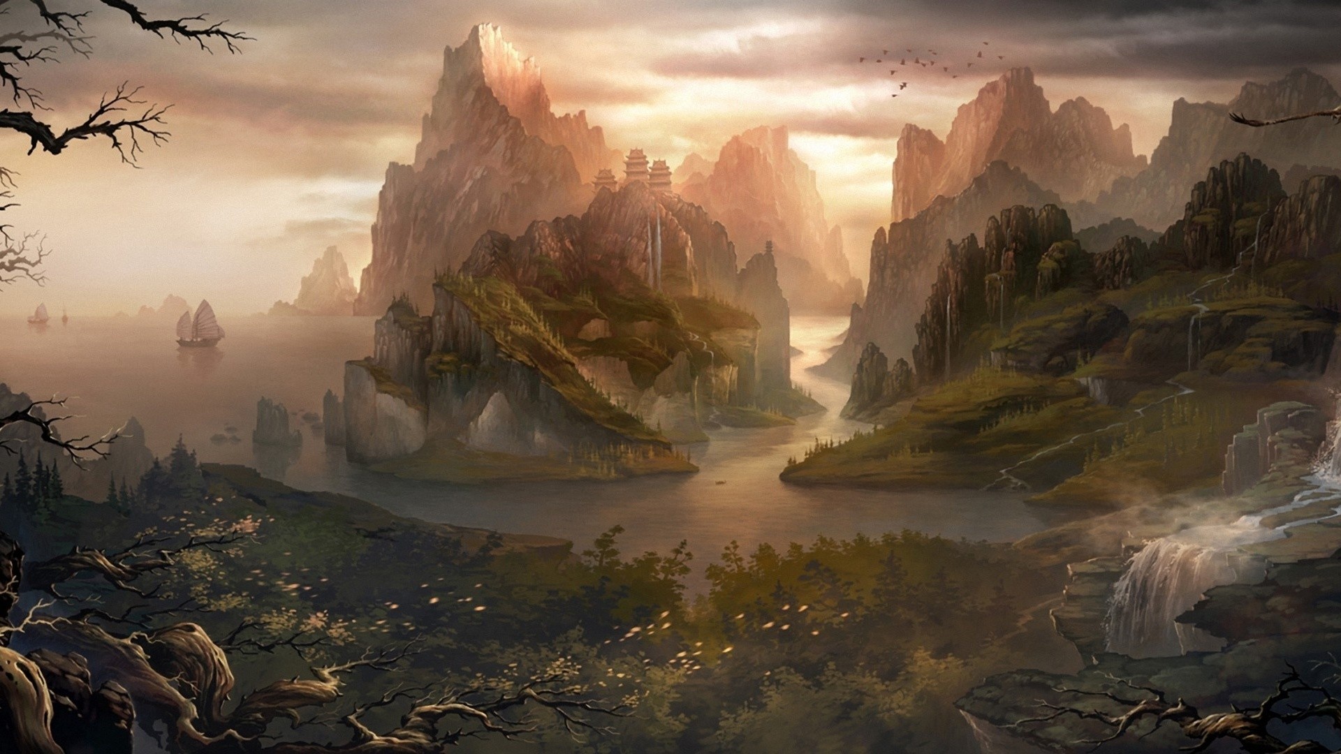 General 1920x1080 digital art fantasy art nature landscape water rock hills mountains island sailing ship trees waterfall birds Chinese architecture