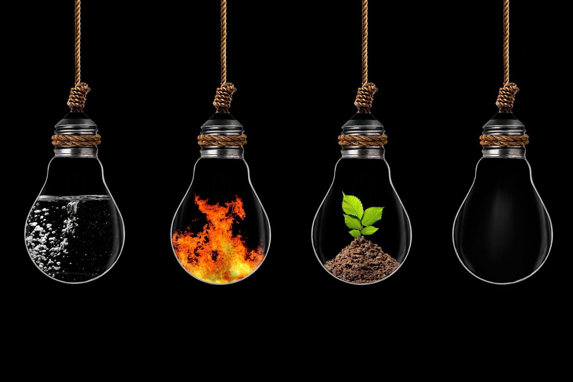 General 2000x1333 digital art light bulb ropes water fire plants ground black background four elements