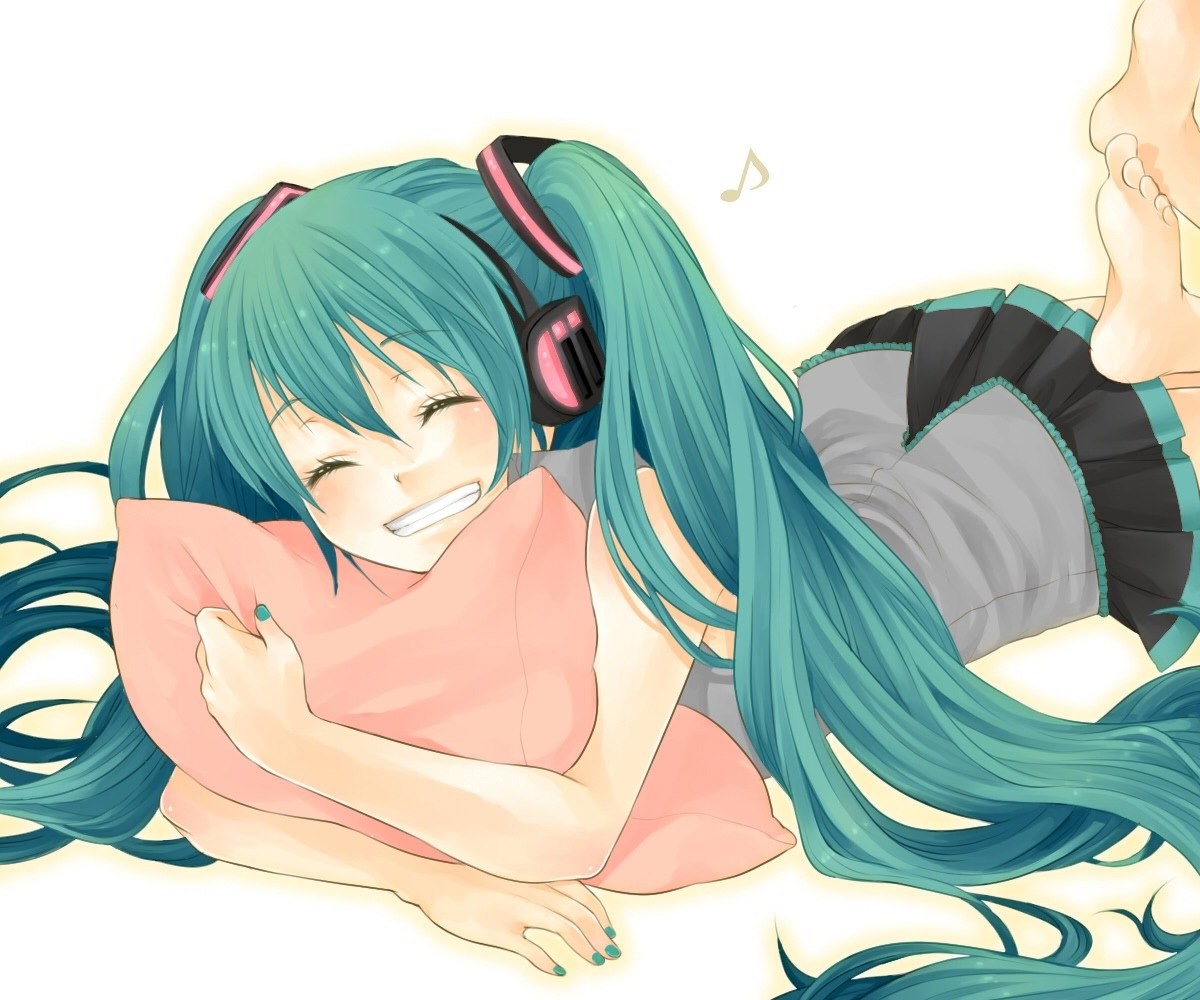 Anime 1200x1000 anime girls manga anime barefoot long hair simple background white background closed eyes painted nails cyan hair headphones cyan nails musical notes hugging pillow