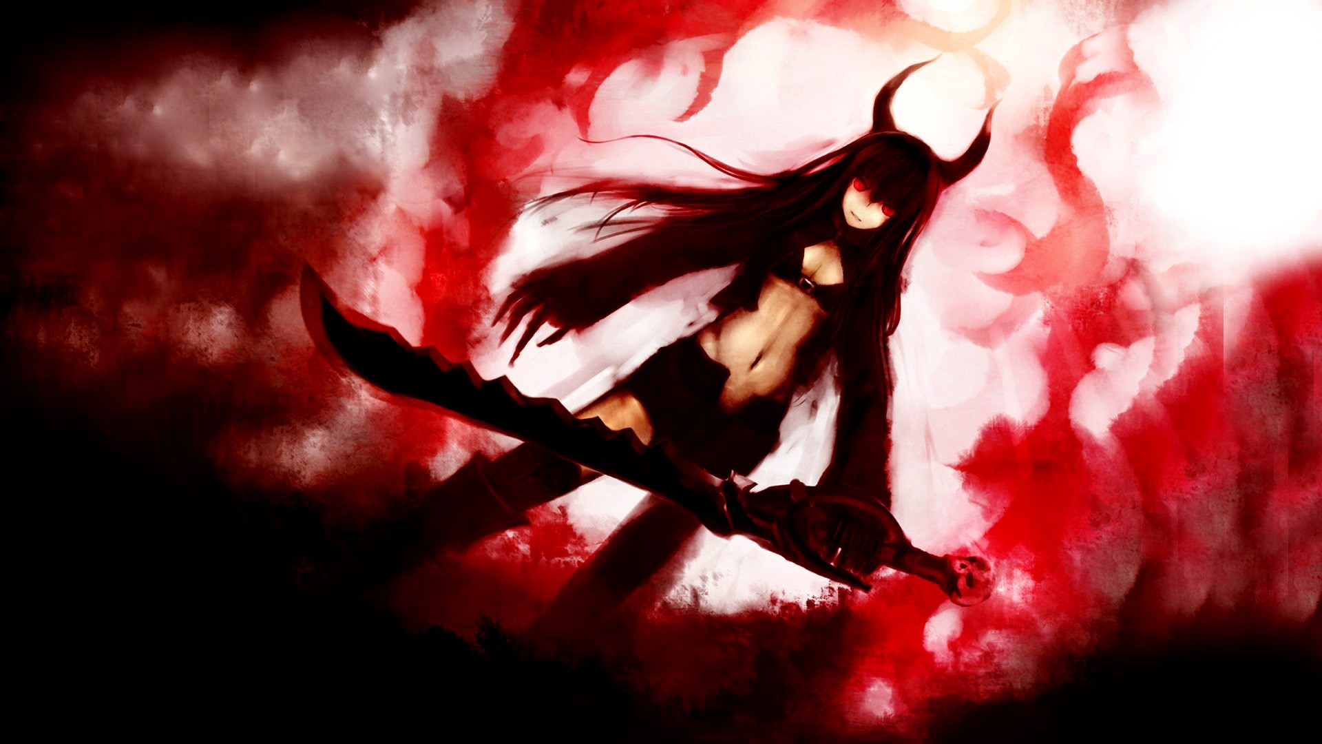 Anime 1920x1080 anime girls Black Gold Saw Black Rock Shooter belly red eyes horns sword women with swords weapon claws red background cleavage