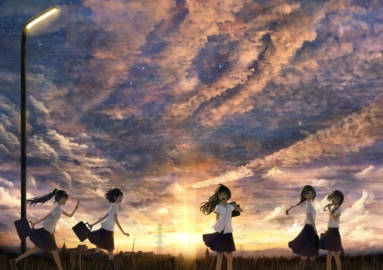 Anime 1280x904 anime girls manga sky sunlight anime clouds moescape group of women standing running women outdoors