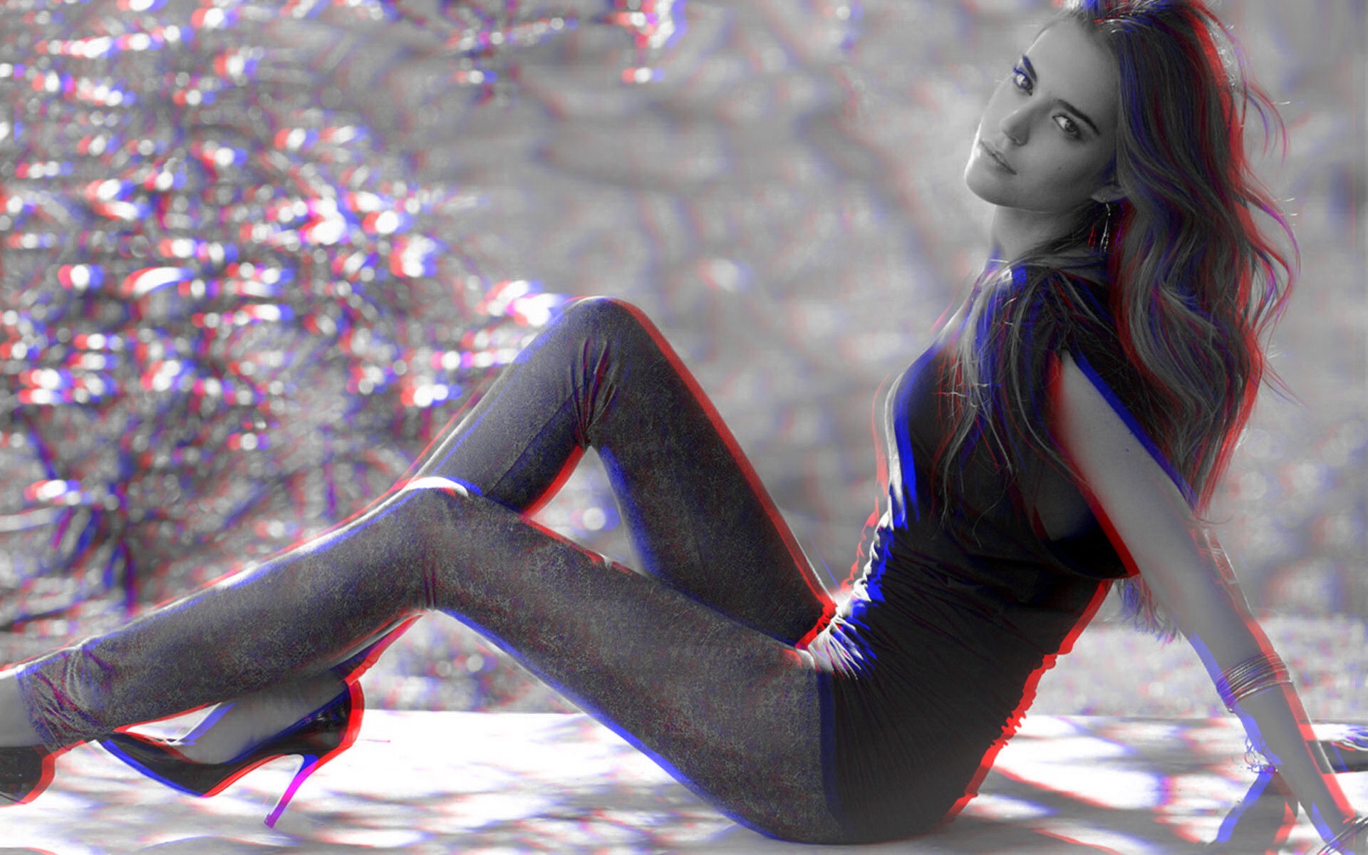 People 1920x1200 anaglyph 3D Clara Alonso model women women outdoors sitting heels looking at viewer Spanish women