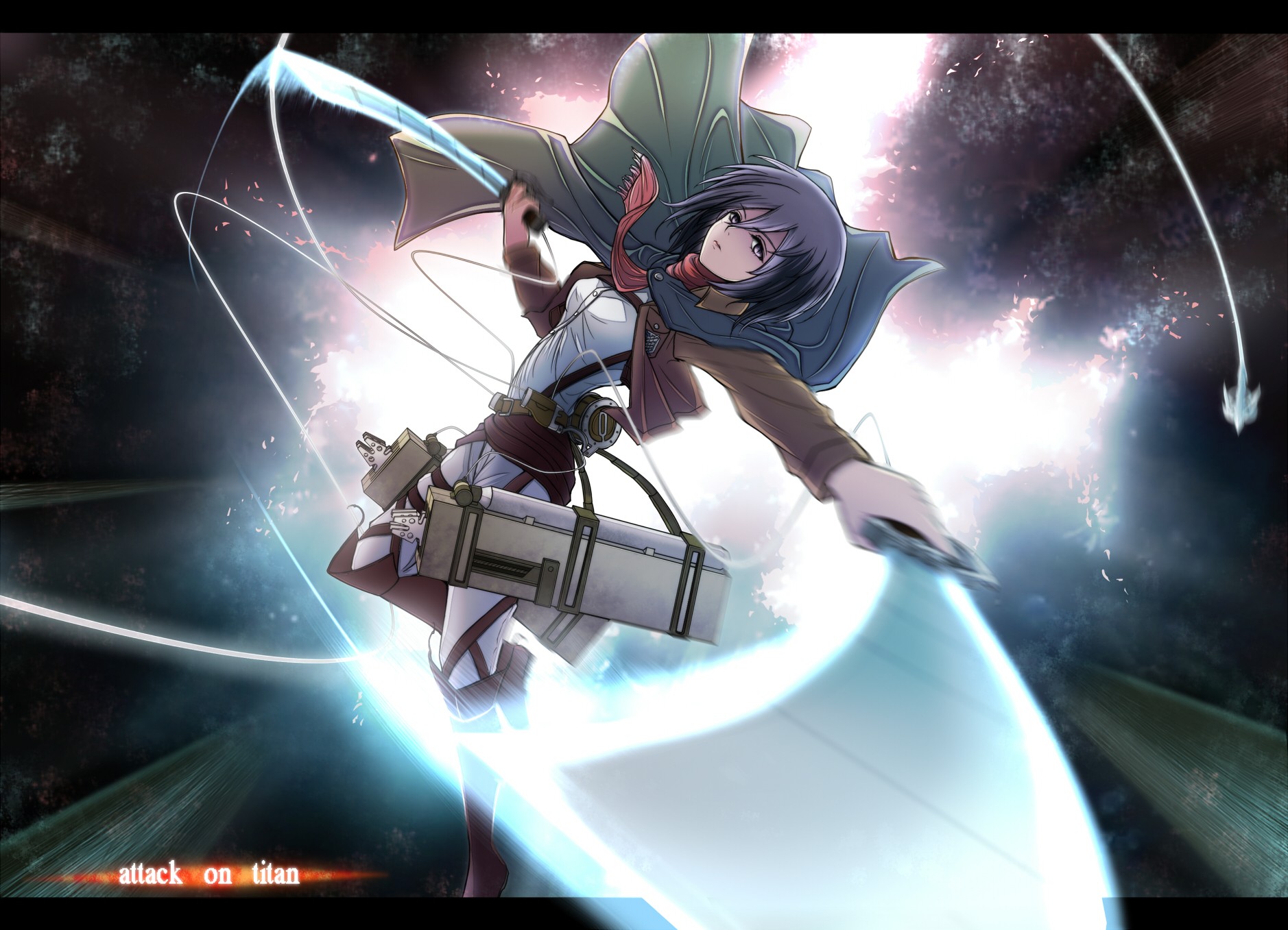 Anime 1878x1357 anime girls anime Shingeki no Kyojin Mikasa Ackerman dark hair cape sword weapon women with swords