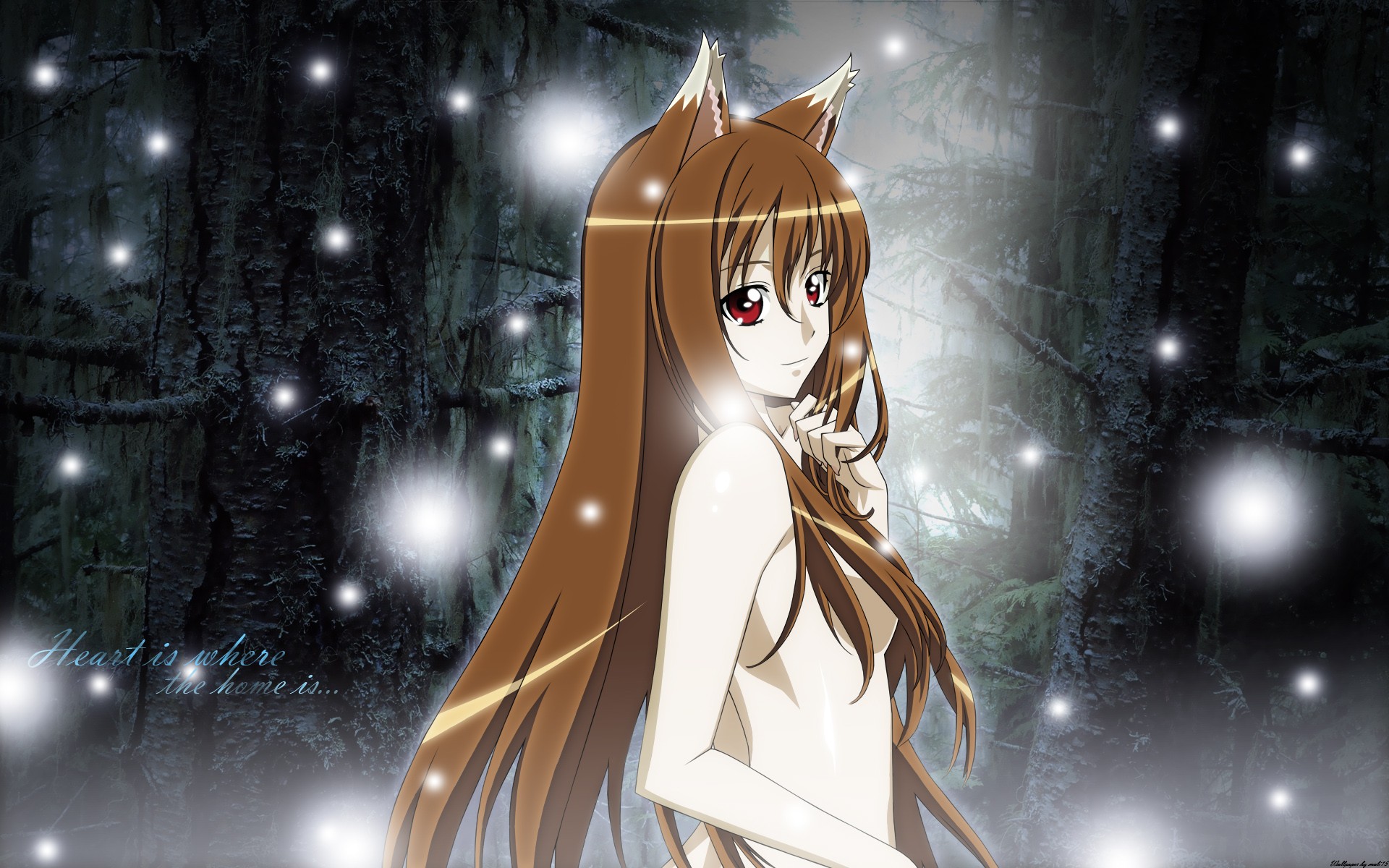 Anime 1920x1200 anime winter Holo (Spice and Wolf) Spice and Wolf wolf girls anime girls boobs brunette long hair red eyes hair covering boobs animal ears standing