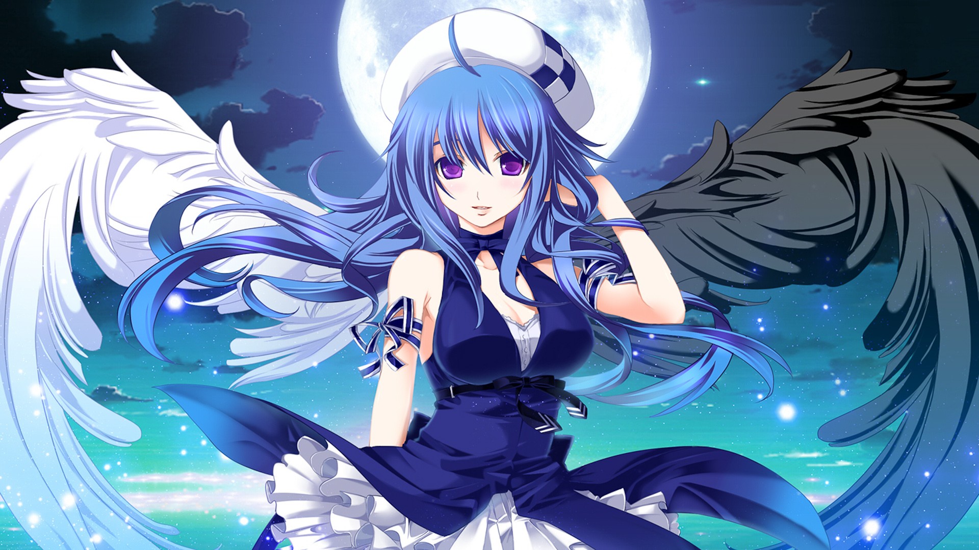 Anime 1920x1080 anime wings Moon anime girls blue hair purple eyes blue dress ribbon long hair night