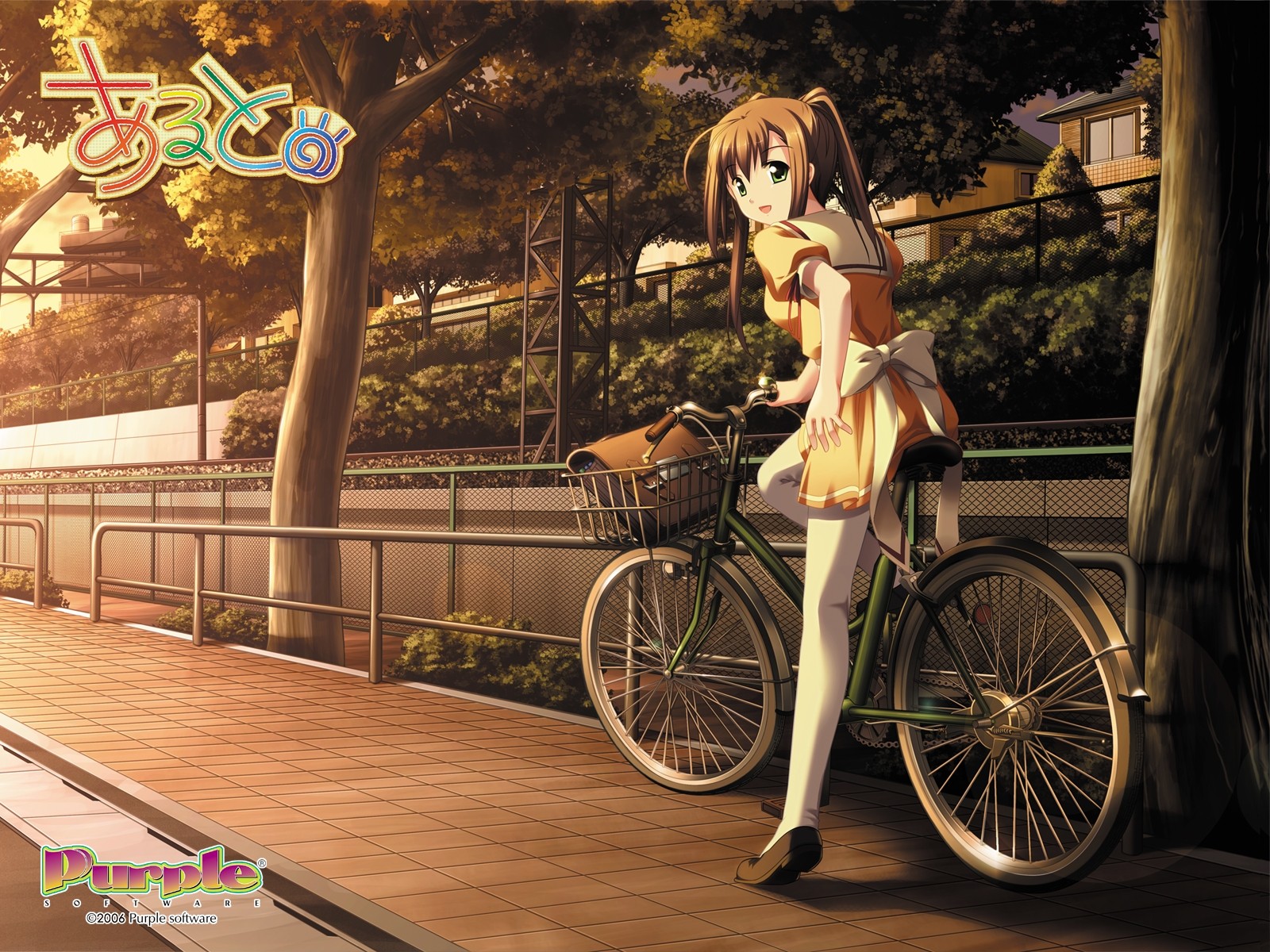 Anime 1600x1200 anime girls schoolgirl bicycle school uniform brunette green eyes sunset Iwasaki Kouji anime women with bicycles looking at viewer urban vehicle