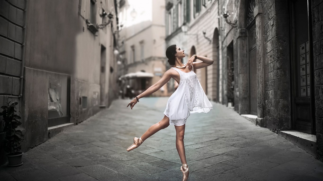 People 1366x768 women ballet slippers dancer street women outdoors ballerina white dress urban dark hair legs outdoors