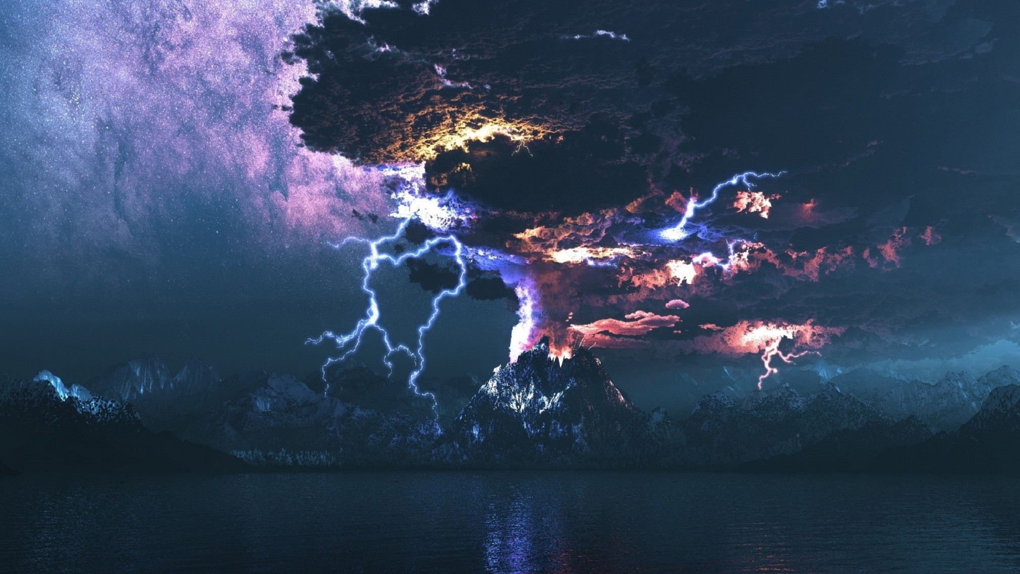 General 2020x1136 volcano storm digital art nature lights clouds mountains volcanic eruption