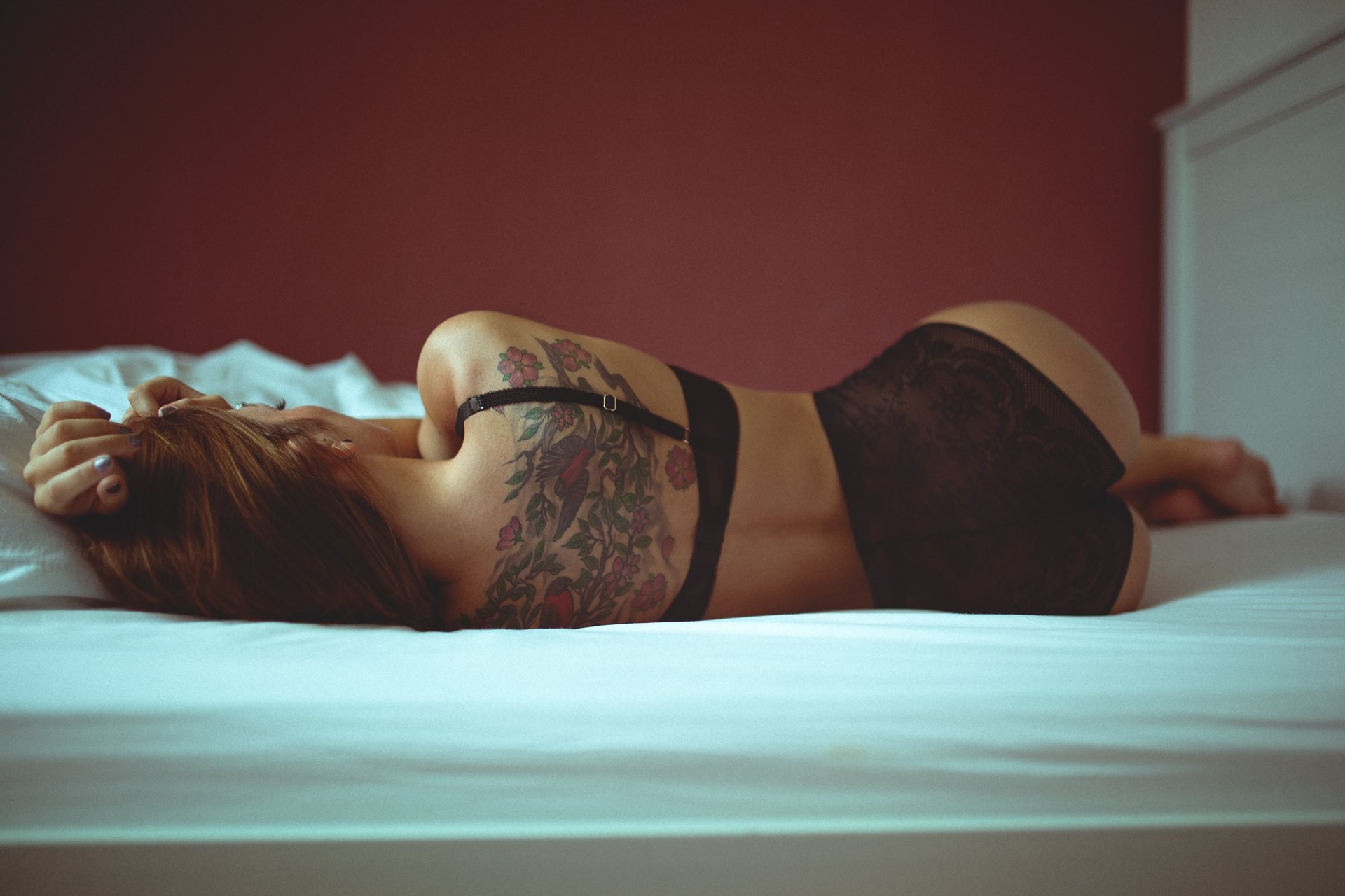 People 1920x1280 women model tattoo bed black lingerie ass lingerie painted nails redhead Andre Josselin women indoors indoors back inked girls in bed lying on side