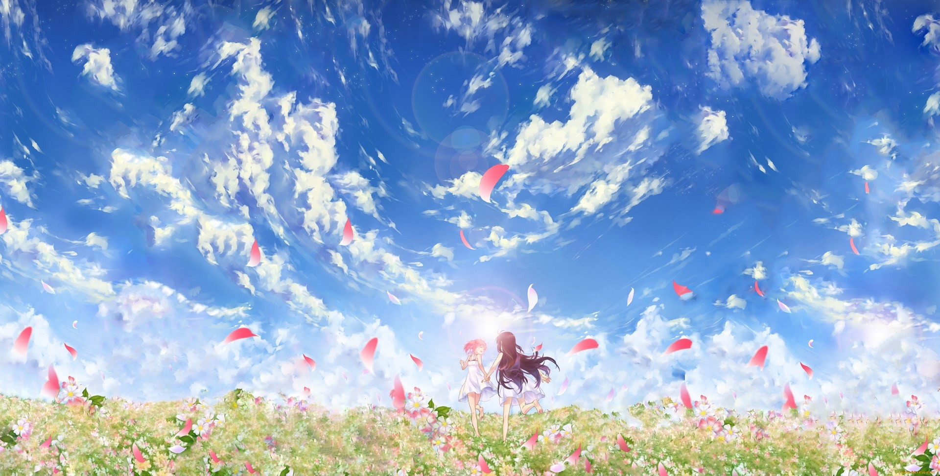 Anime 1920x972 anime flowers clouds sky two women outdoors anime girls field plants