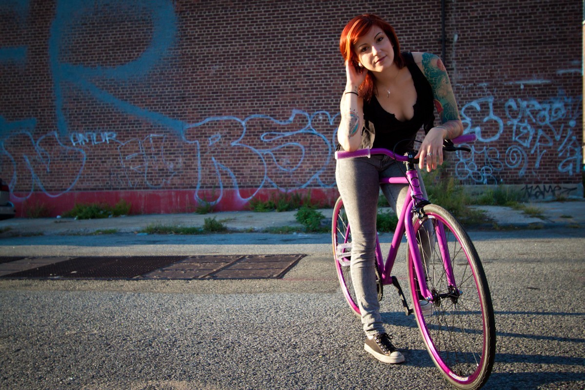 People 1200x800 model women fixie bicycle cleavage Converse redhead urban tattoo women outdoors vehicle women with bicycles inked girls looking at viewer