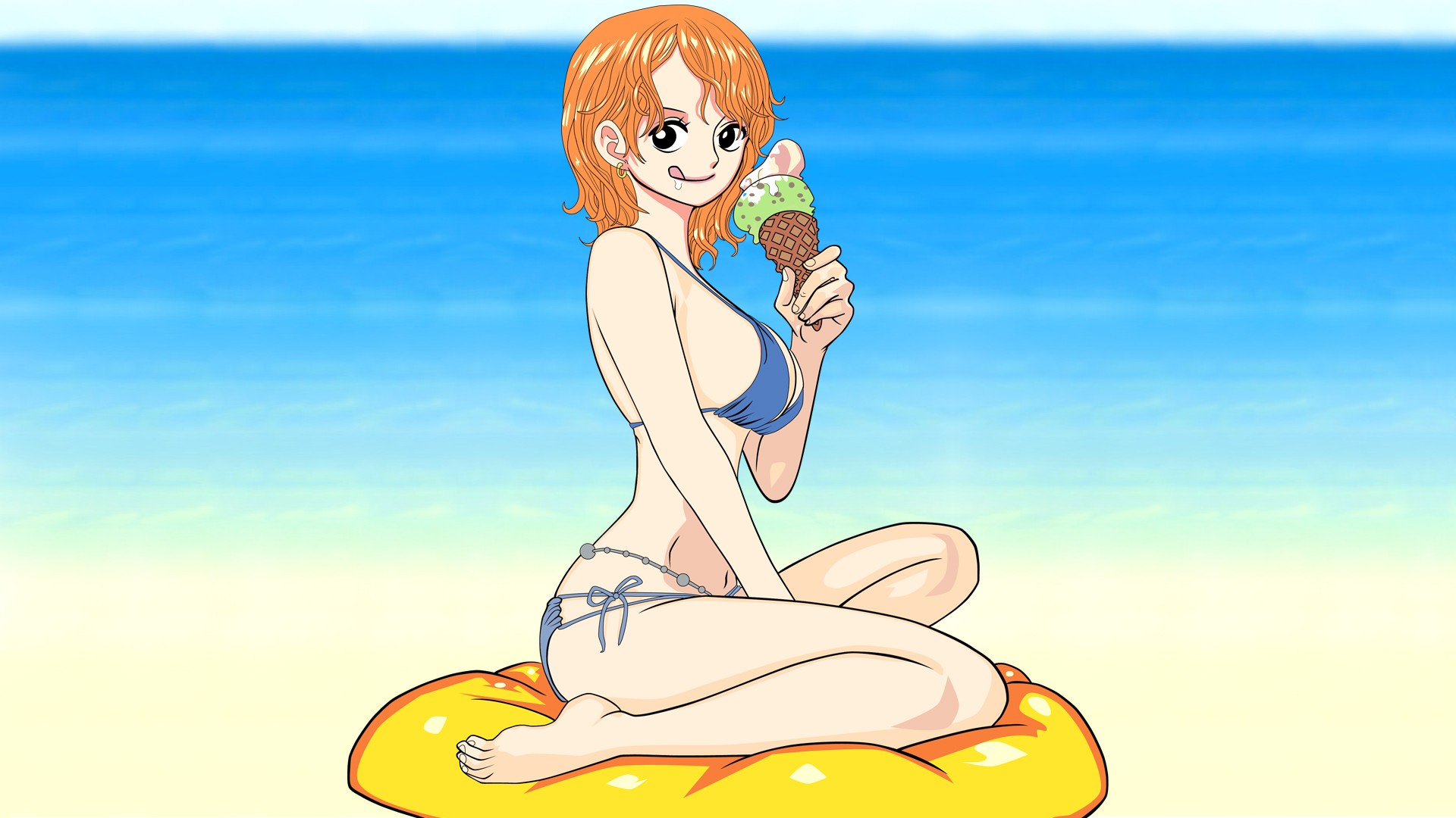 Anime 1920x1080 Nami beach ice cream bikini One Piece anime girls anime legs barefoot women outdoors sitting tongues tongue out food sweets dark eyes redhead blue bikini boobs