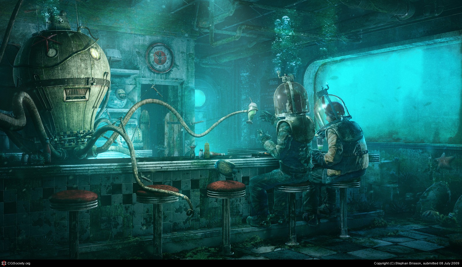 General 1600x926 underwater restaurant robot octopus fantasy art science fiction futuristic cyan milkshake Coca-Cola diner turquoise