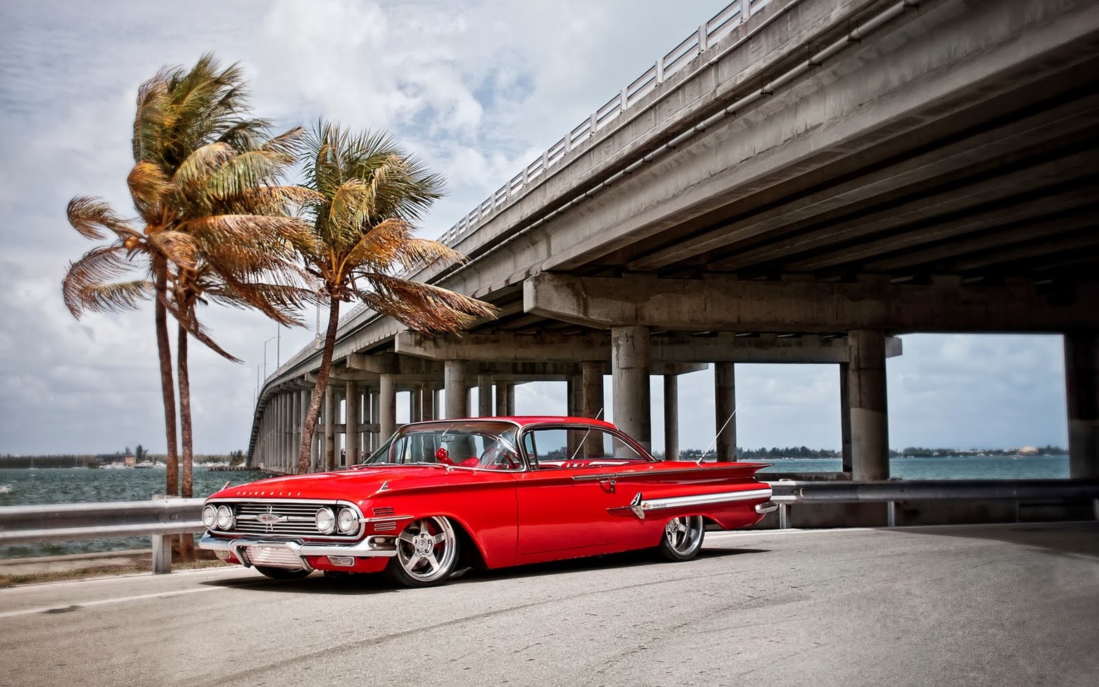 General 1600x1000 car bridge oldtimers vehicle palm trees red cars 1960 Chevrolet Impala Chevrolet