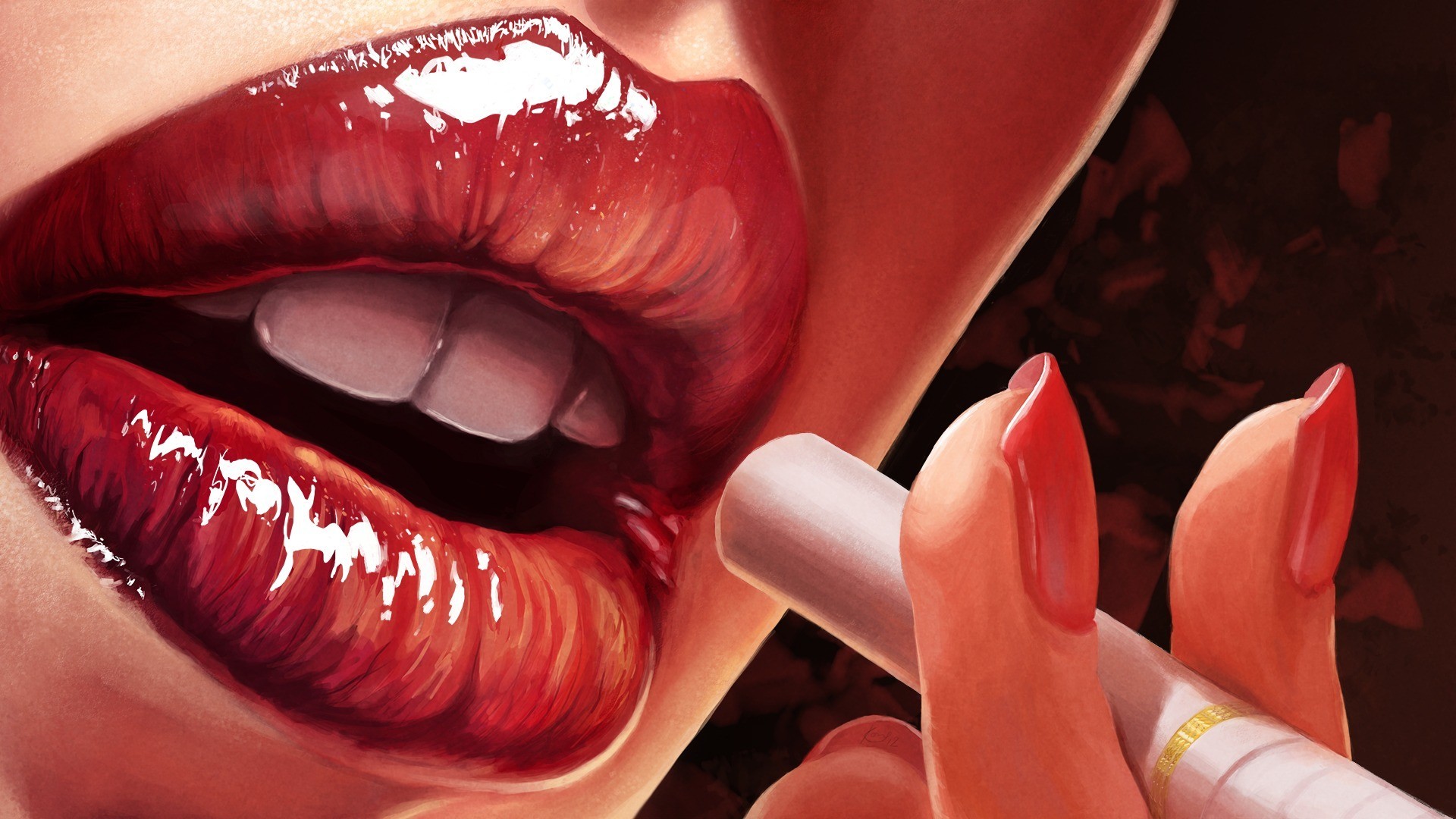 General 1920x1080 red lipstick painting smoking lips cigarettes digital art mouth red artwork painted nails women