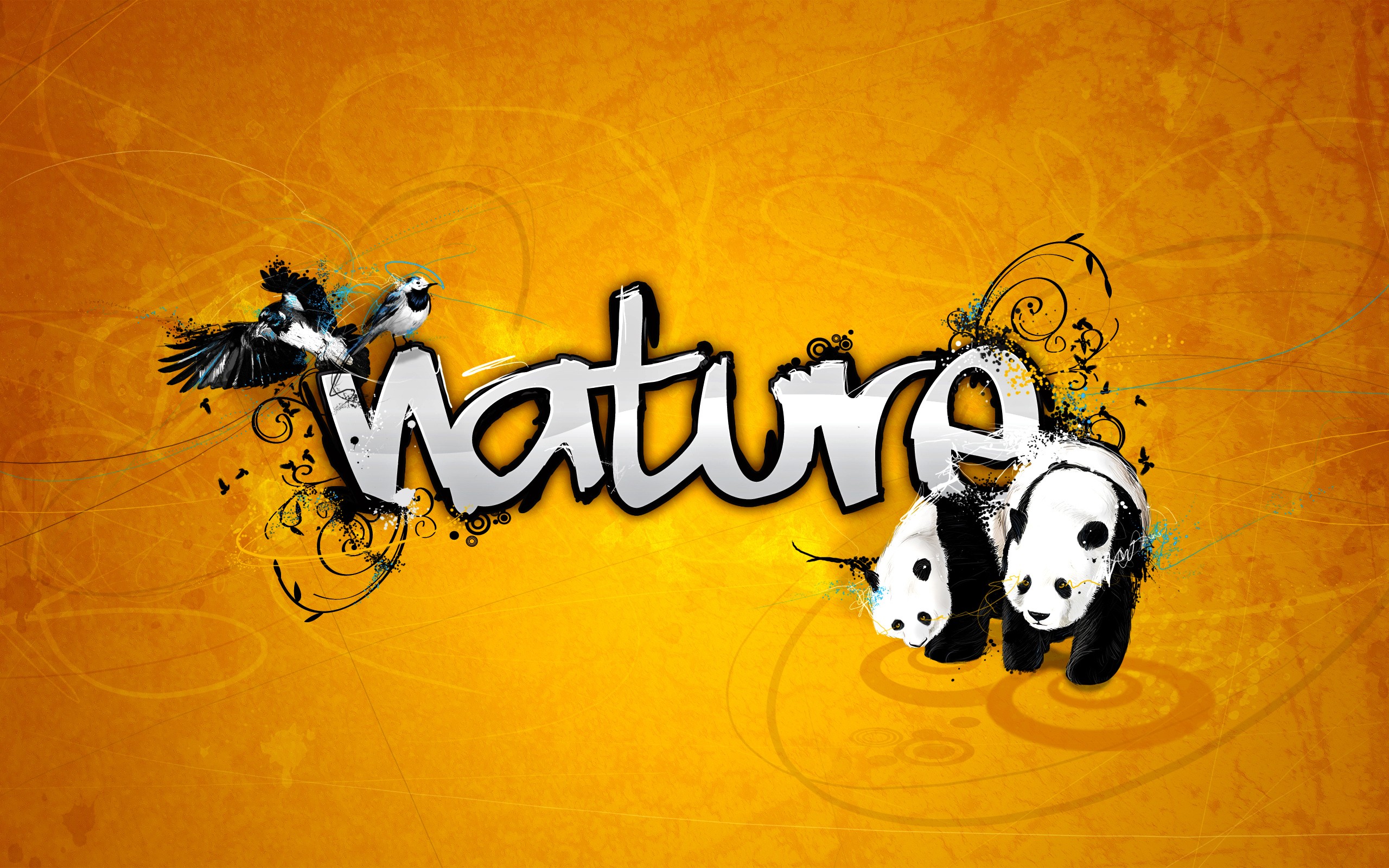 General 2560x1600 panda birds digital art animals typography mammals orange background