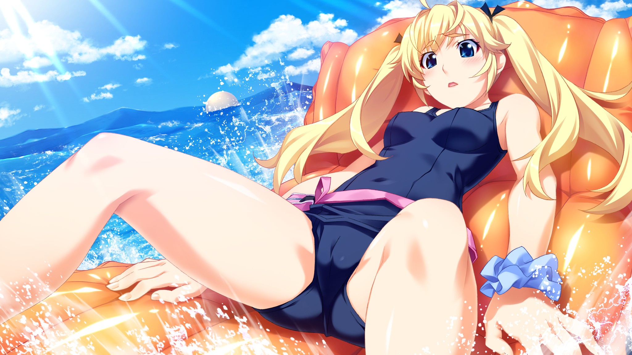 Anime 2048x1152 anime anime girls visual novel Grisaia no Kajitsu Matsushima Michiru blonde twintails water sea blue eyes women outdoors outdoors women