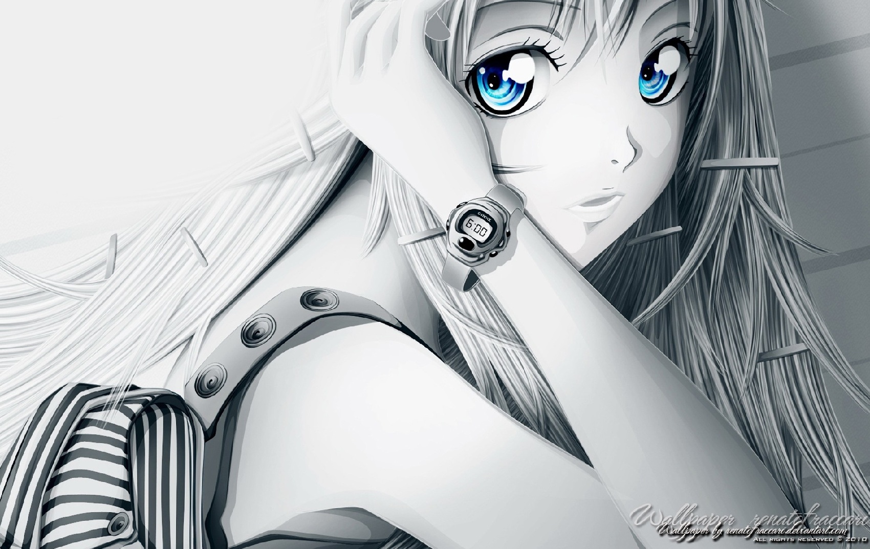 Anime 1700x1073 anime anime girls selective coloring blue eyes 2010 (Year) wristwatch looking at viewer face women long hair