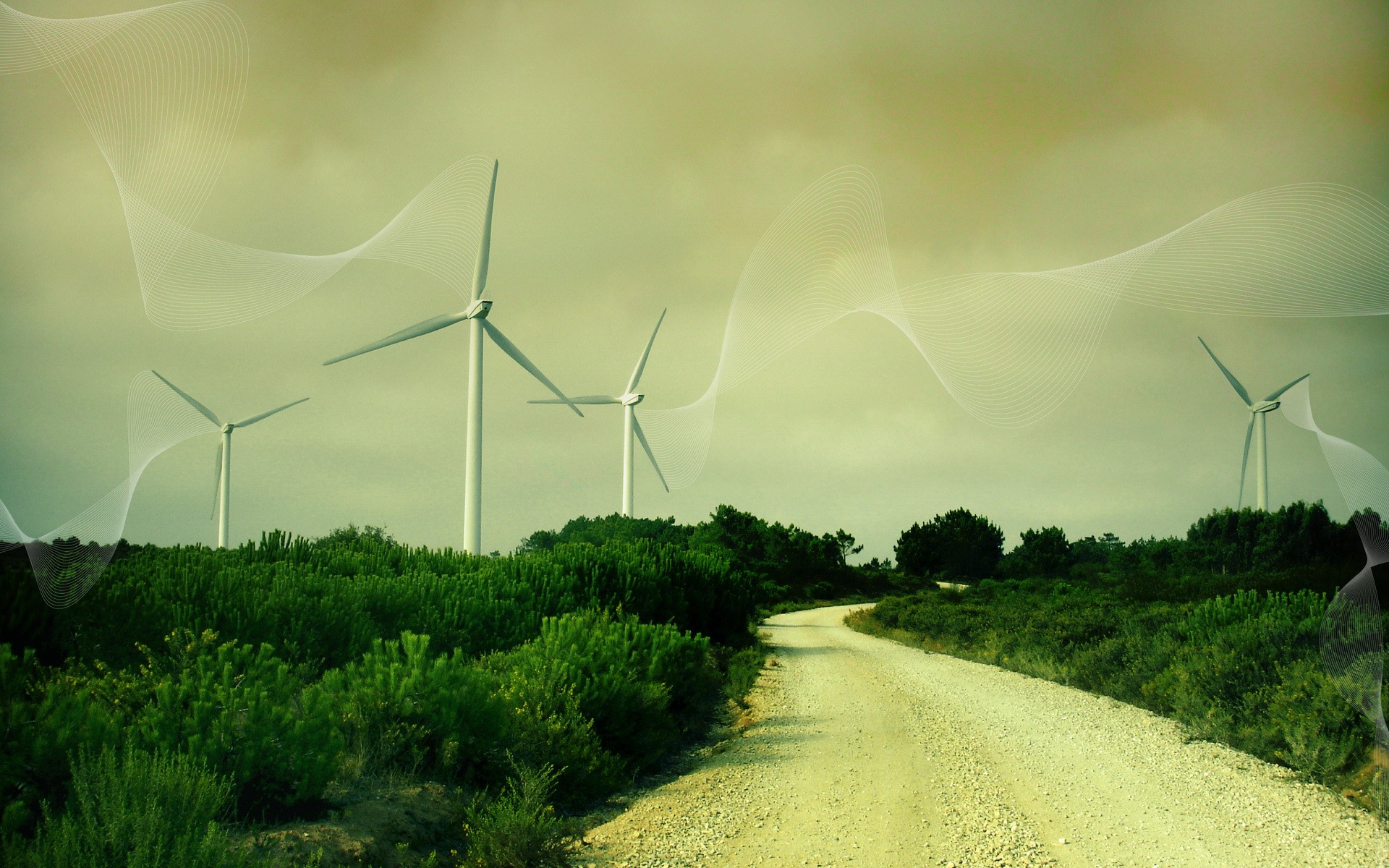 General 1920x1200 landscape digital art wind farm bushes road wind turbine