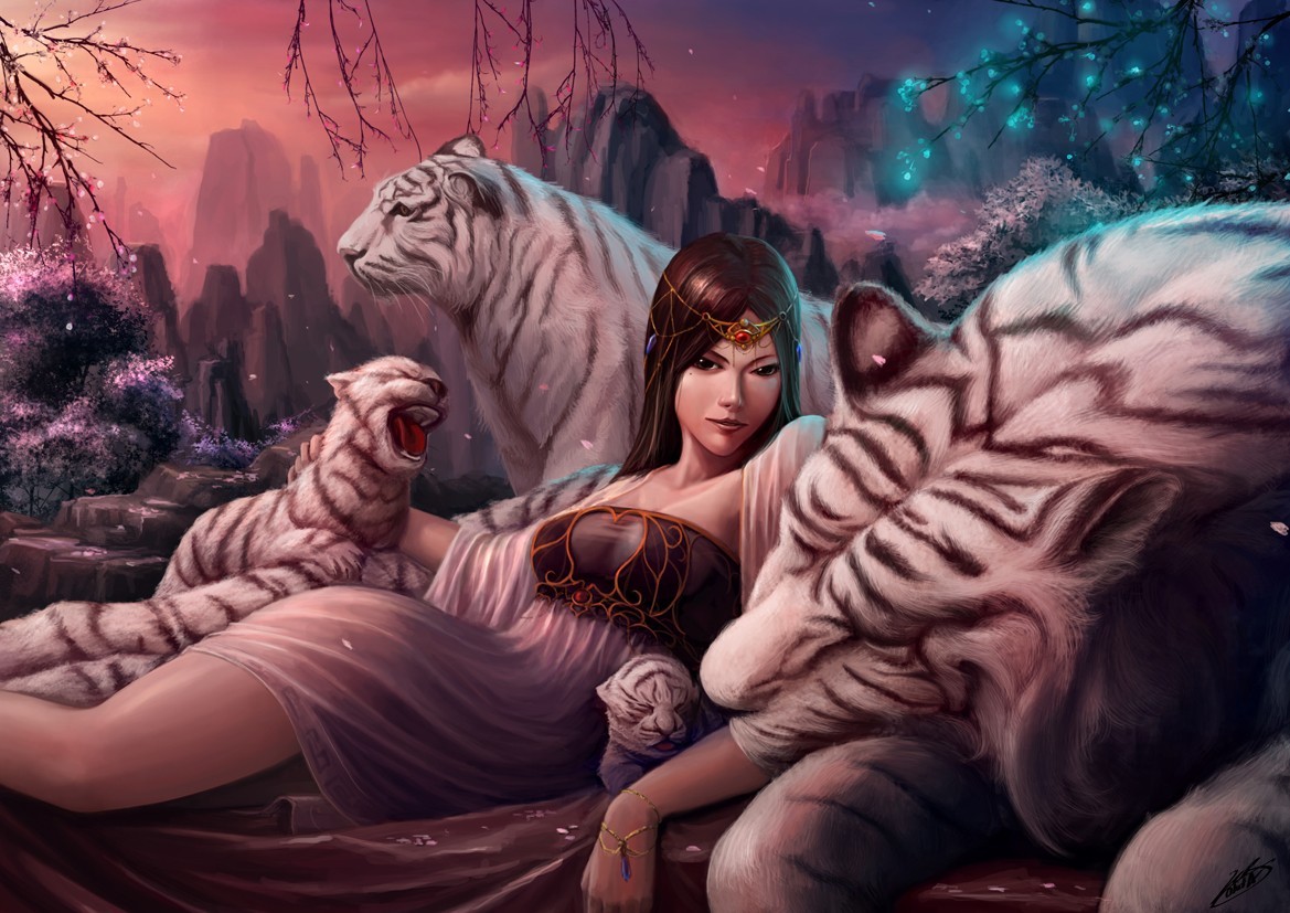 General 1169x827 fantasy art fantasy girl women big cats white tigers tiger looking at viewer baby animals dark eyes