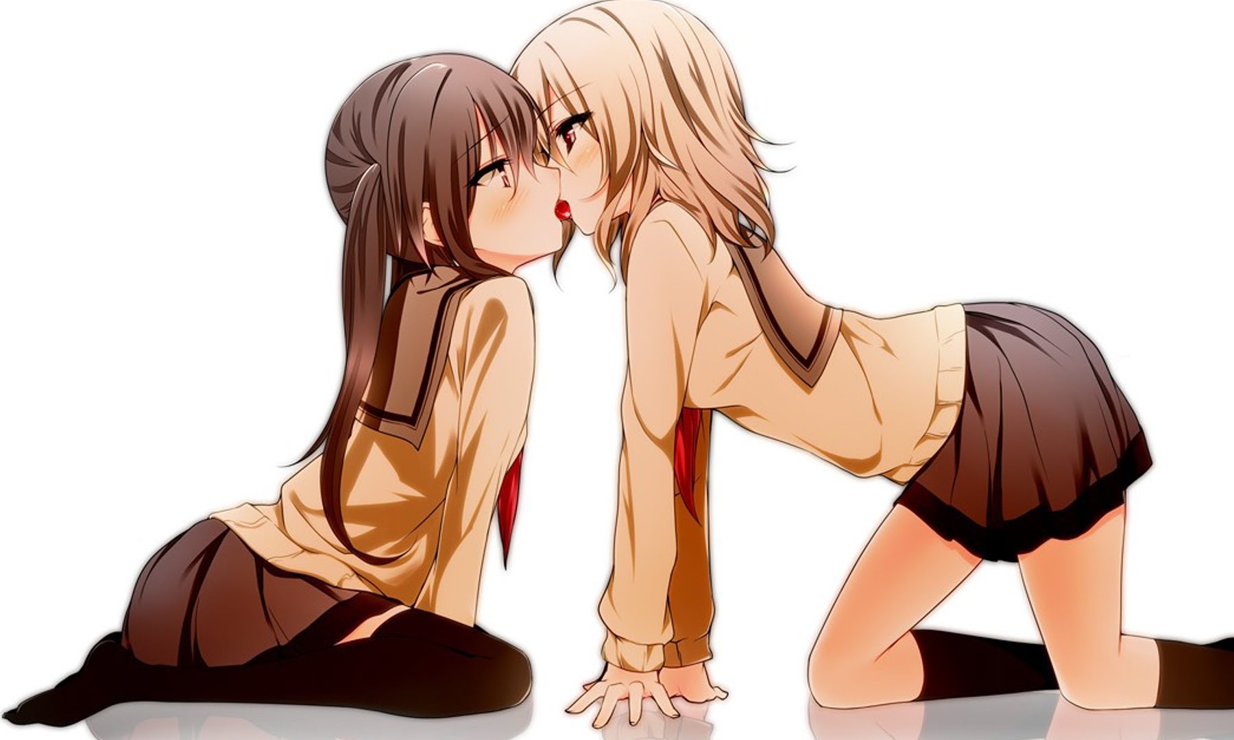 Anime 1800x1080 anime girls original characters kissing anime lesbians two women women simple background brunette blonde