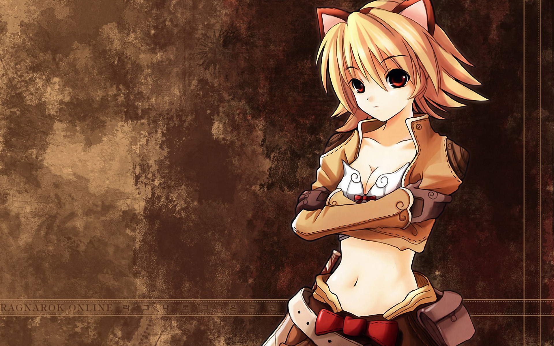 Anime 1920x1200 anime girls anime original characters animal ears red eyes blonde belly arms crossed looking at viewer standing Ragnarok Online