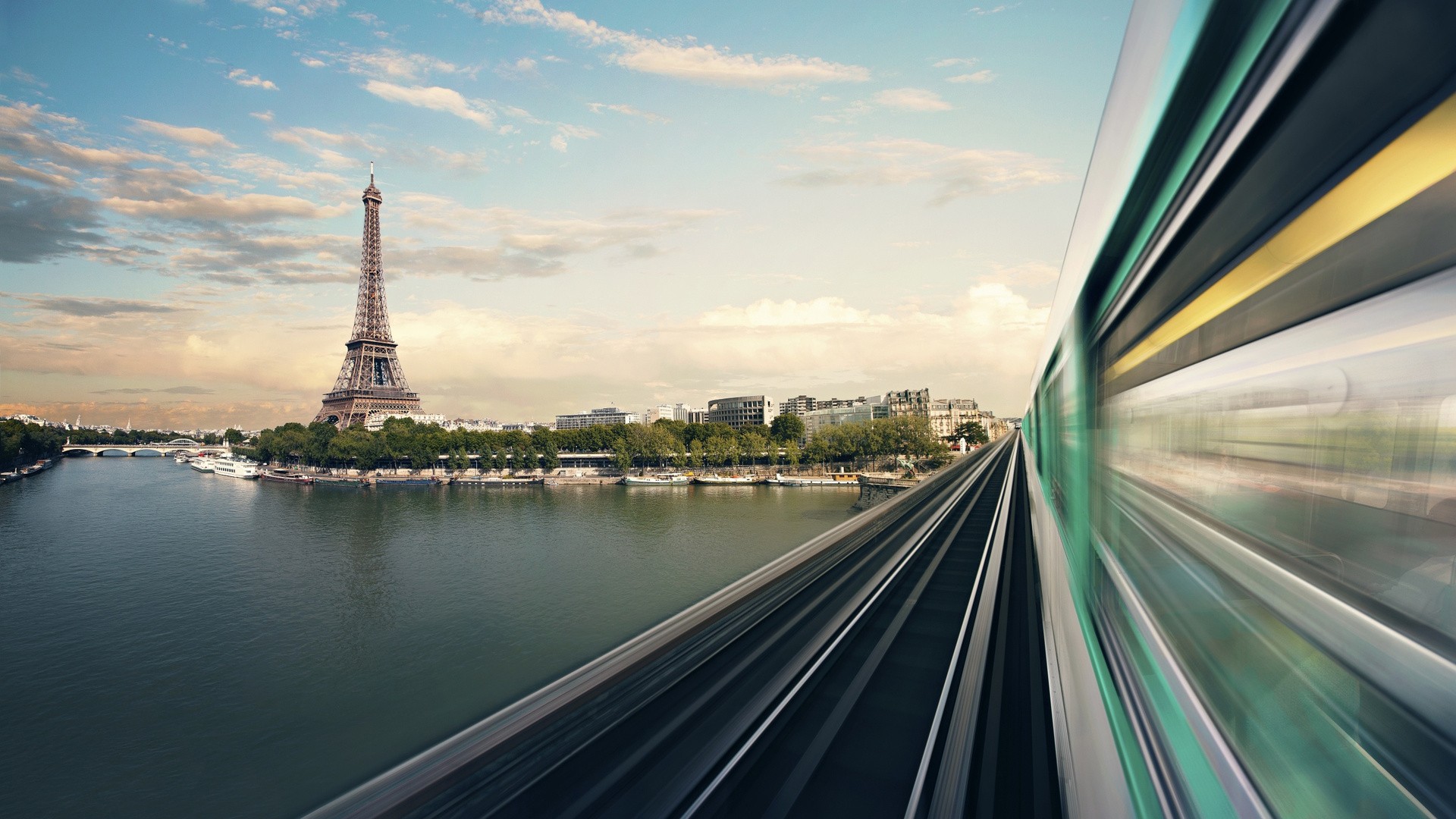 General 1920x1080 Paris France Eiffel Tower motion blur train river construction Seine  vehicle landmark
