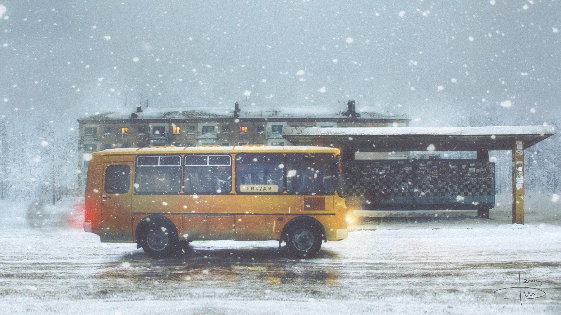 General 1920x1080 winter sadness alone snowflakes buses city road Russia vehicle digital art watermarked 2015 (Year)