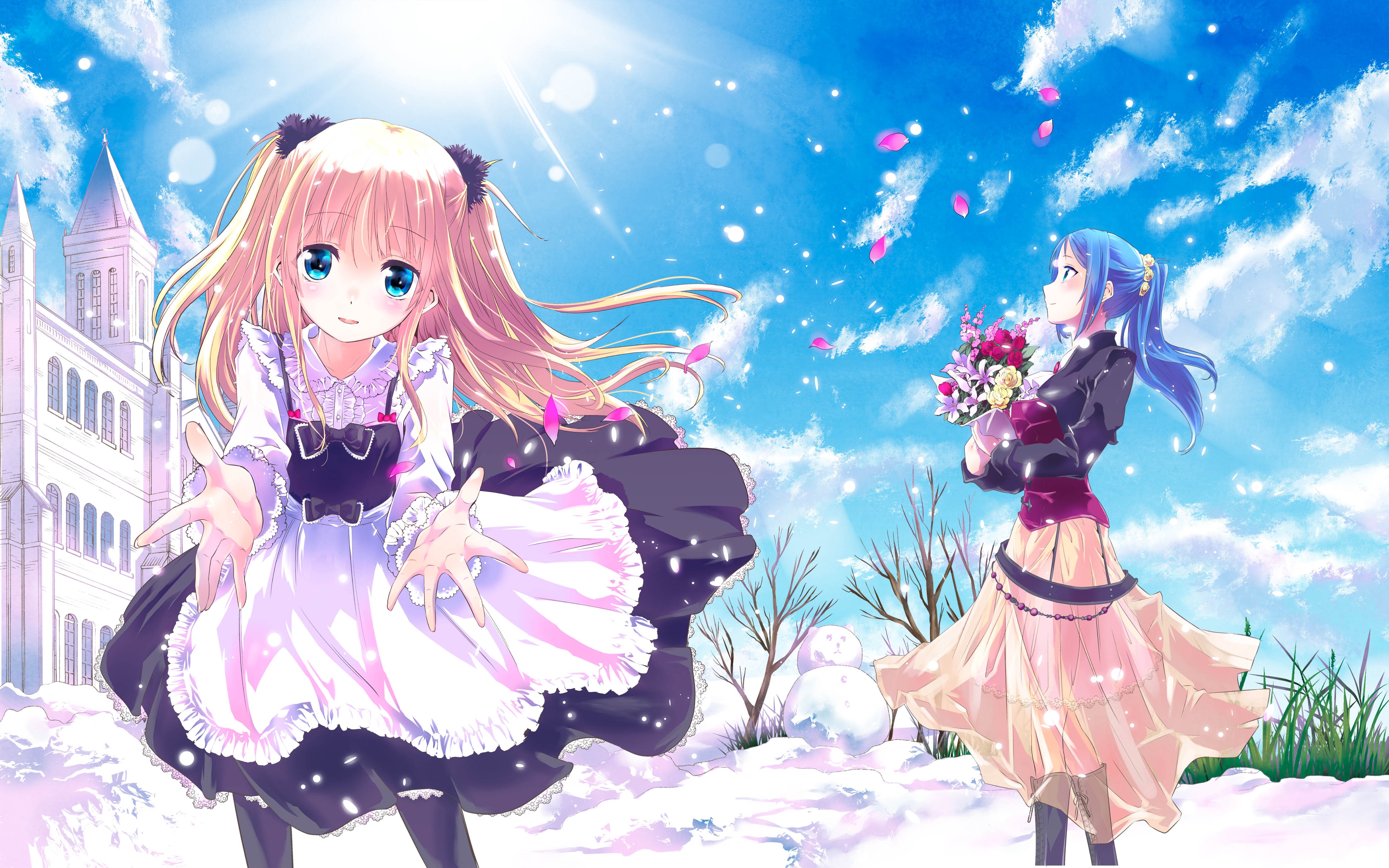 Anime 4415x2762 anime girls anime blue eyes snow winter blue hair dress two women women outdoors sky clouds flowers bouquet plants