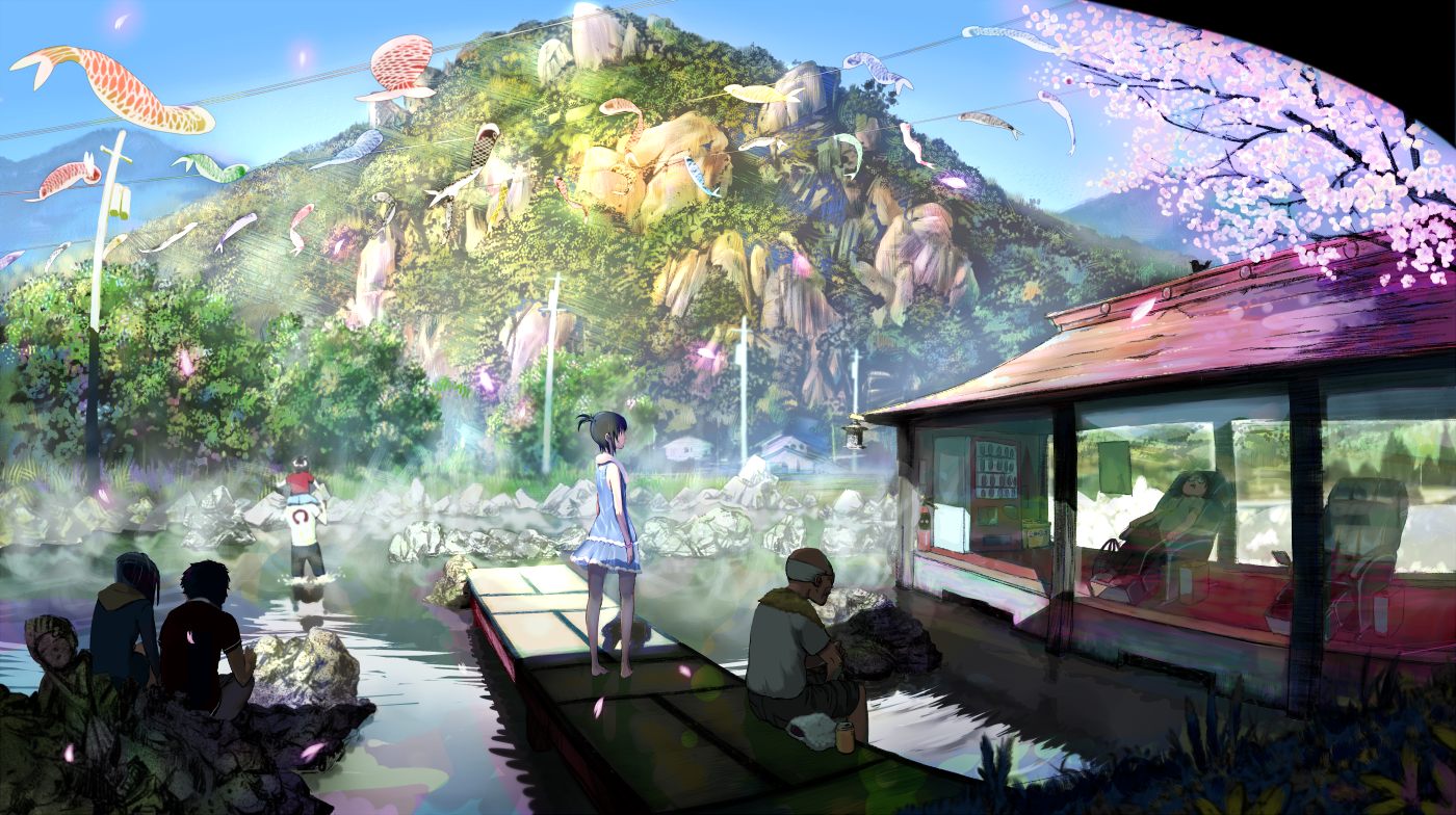 Anime 1400x784 original characters fantasy art anime anime girls landscape mountains pier water