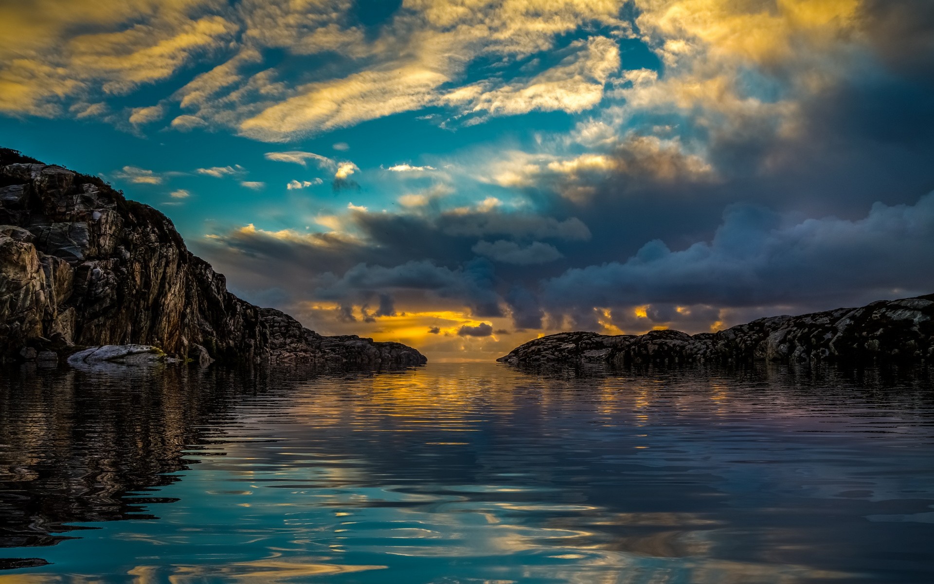 General 1920x1200 nature landscape sunset coast sky sea reflection clouds sunlight rocks water blue low light