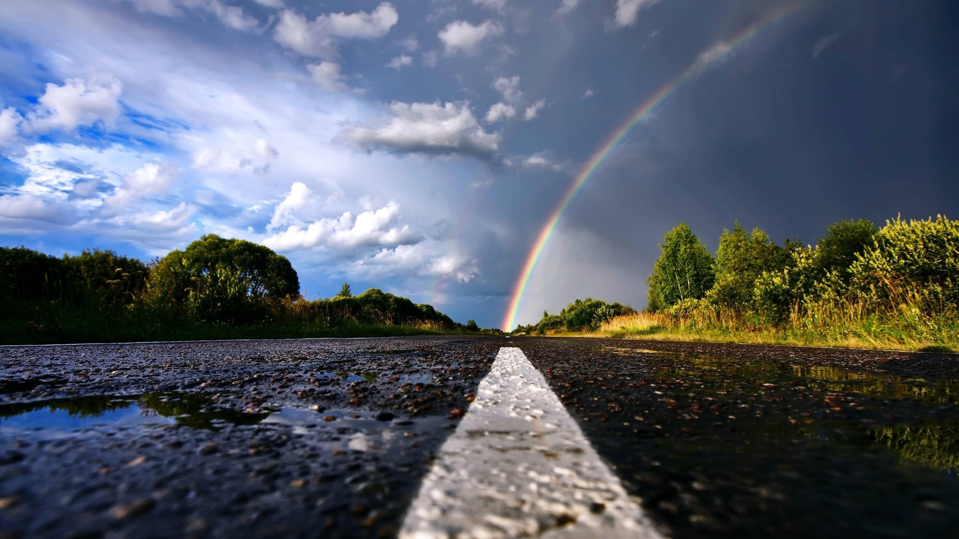 General 1920x1080 nature rainbows road wet street clouds worm's eye view wet sky wet road asphalt