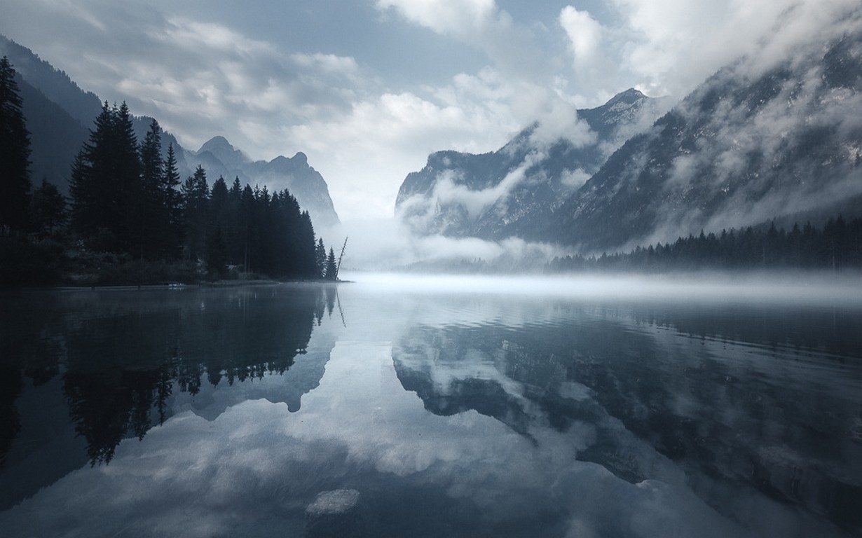 General 1230x768 nature water landscape morning mist lake mountains clouds reflection trees Dolomites Italy