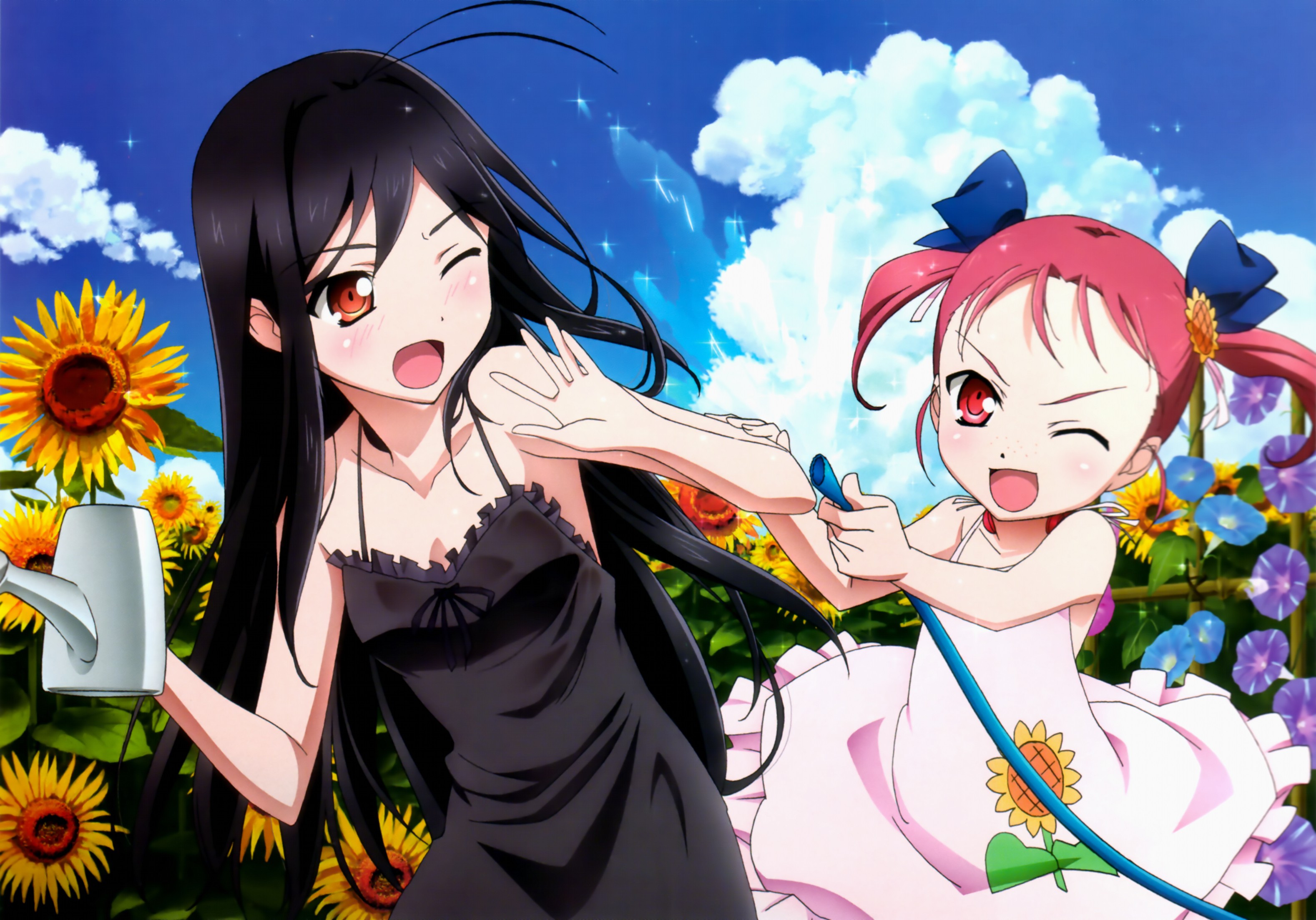 Anime 3156x2206 anime girls black dress white dress flowers clouds Accel World Kouzuki Yuniko Kuroyukihime anime