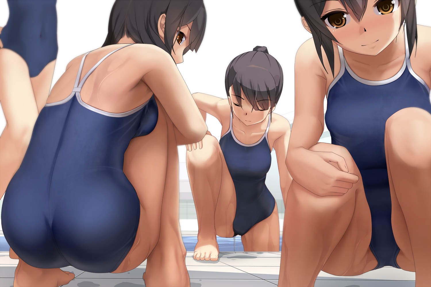 Anime 1500x1000 school swimsuits anime girls original characters swimwear group of women ass looking at viewer squatting blue swimsuit anime women