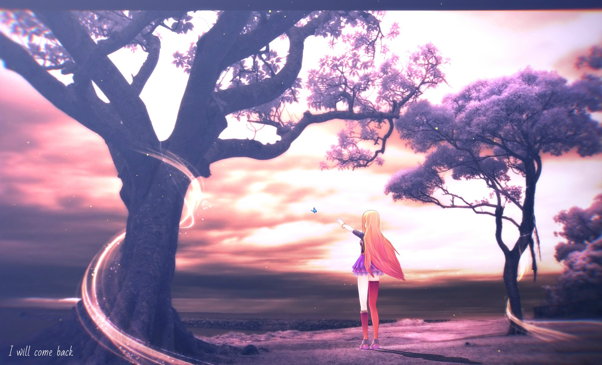 Anime 1980x1200 landscape purple trees women women outdoors anime anime girls sky sunlight long hair skirt DeviantArt