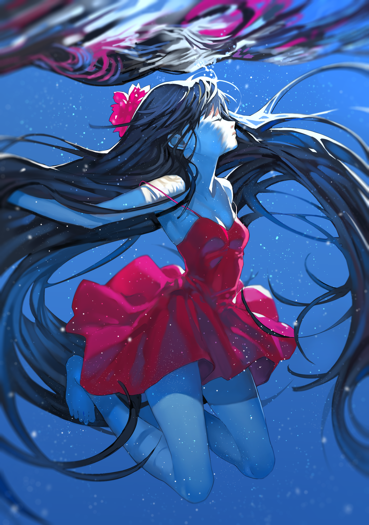 Anime 1529x2175 dress anime girls anime underwater legs red dress long hair women red clothing women outdoors closed eyes black hair