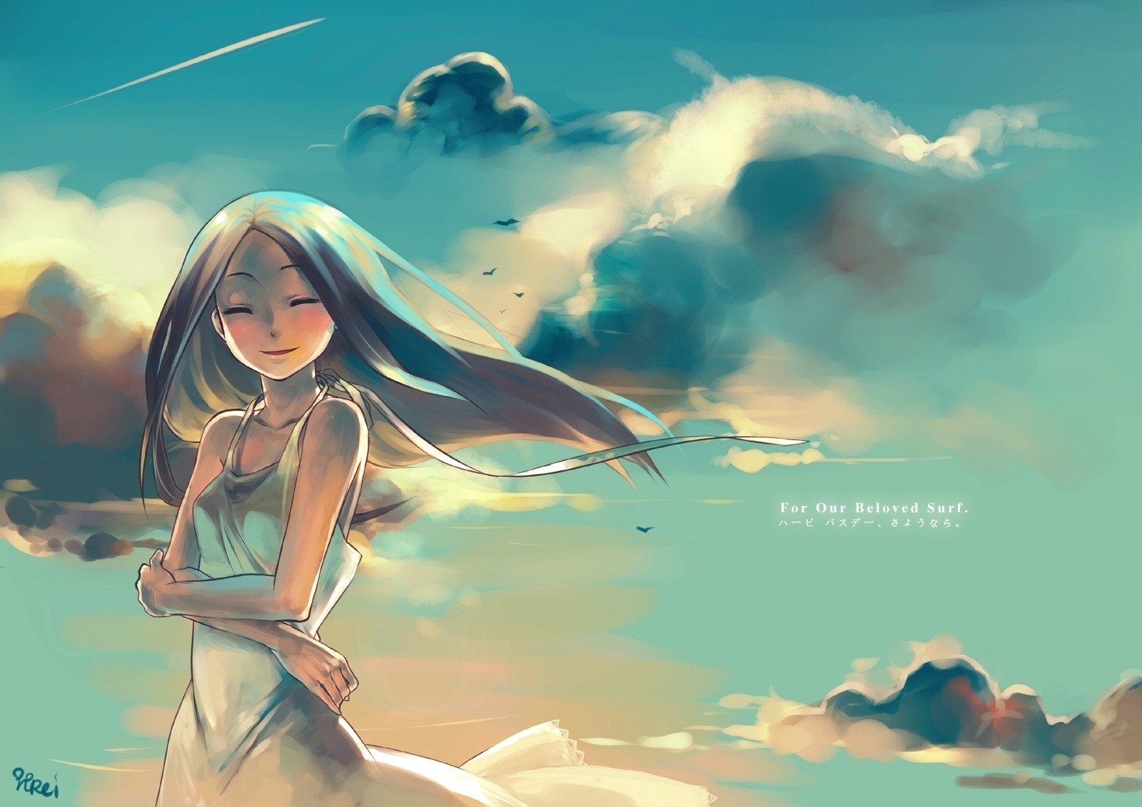 Anime 1600x1131 anime girls anime original characters clouds arms crossed smiling women outdoors sky closed eyes long hair