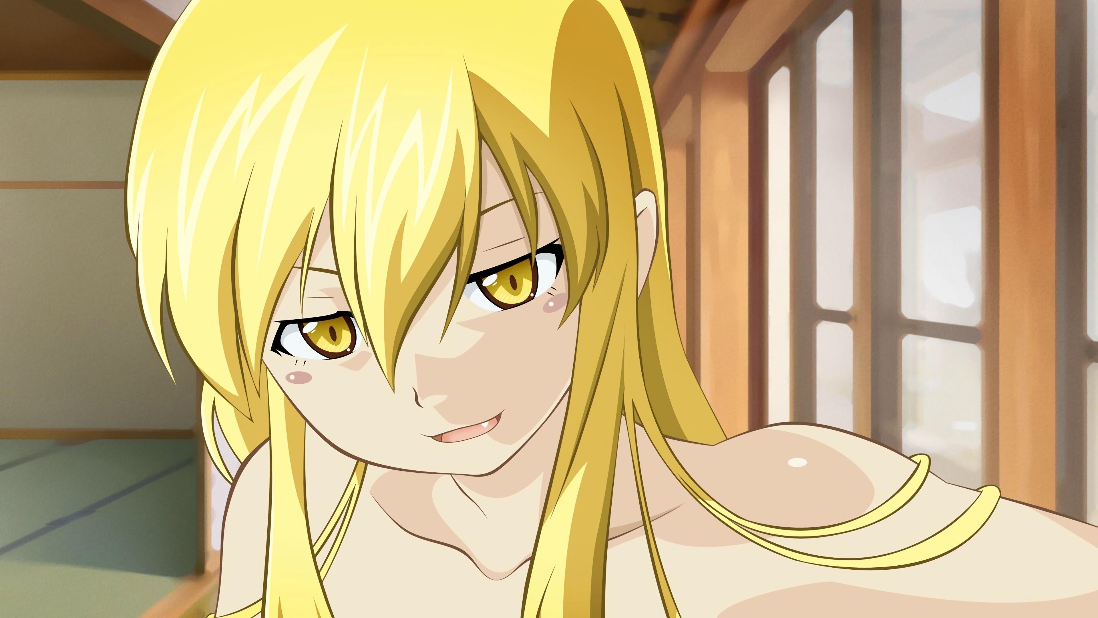 Anime 3840x2160 Monogatari Series anime anime girls yellow eyes bare shoulders indoors face Morrow blonde Oshino Shinobu implied nude