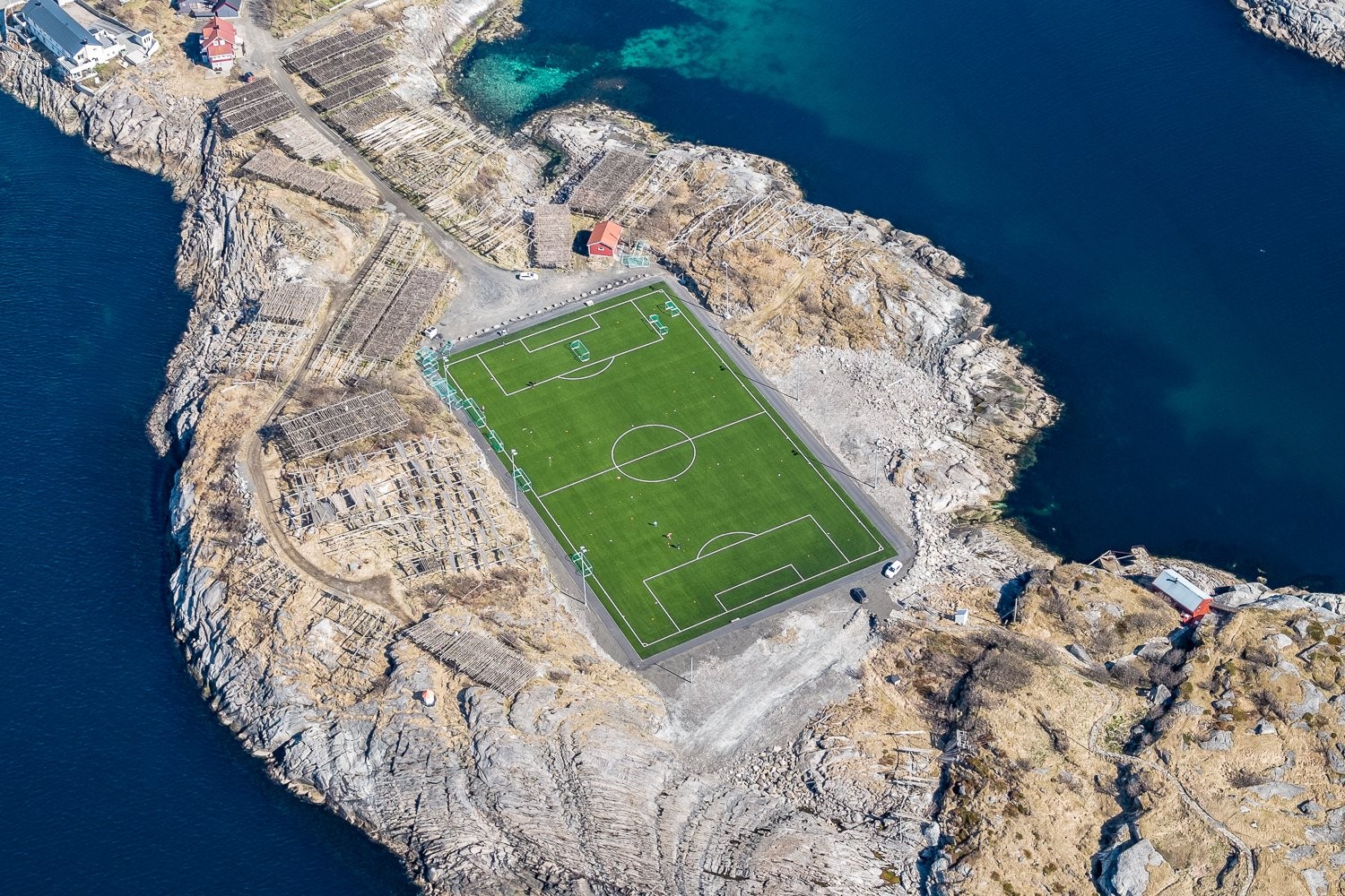 General 1500x1000 landscape field soccer soccer pitches sea Lofoten Norway aerial view
