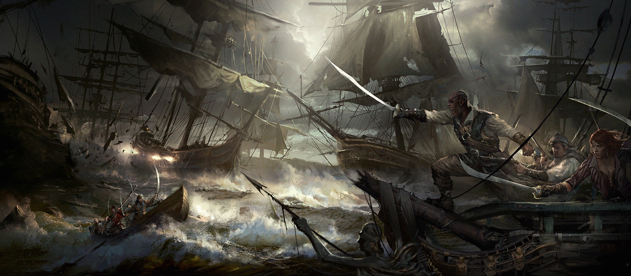 General 2469x1080 artwork fantasy art ocean battle ship sailing ship vehicle rigging (ship) digital art ultrawide