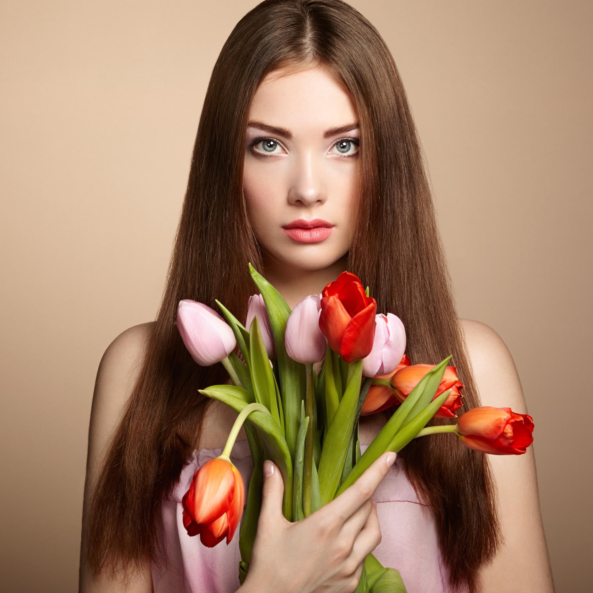 People 2048x2048 flowers long hair photography frontal view tulips simple background women indoors indoors model straight hair looking at viewer plants makeup women