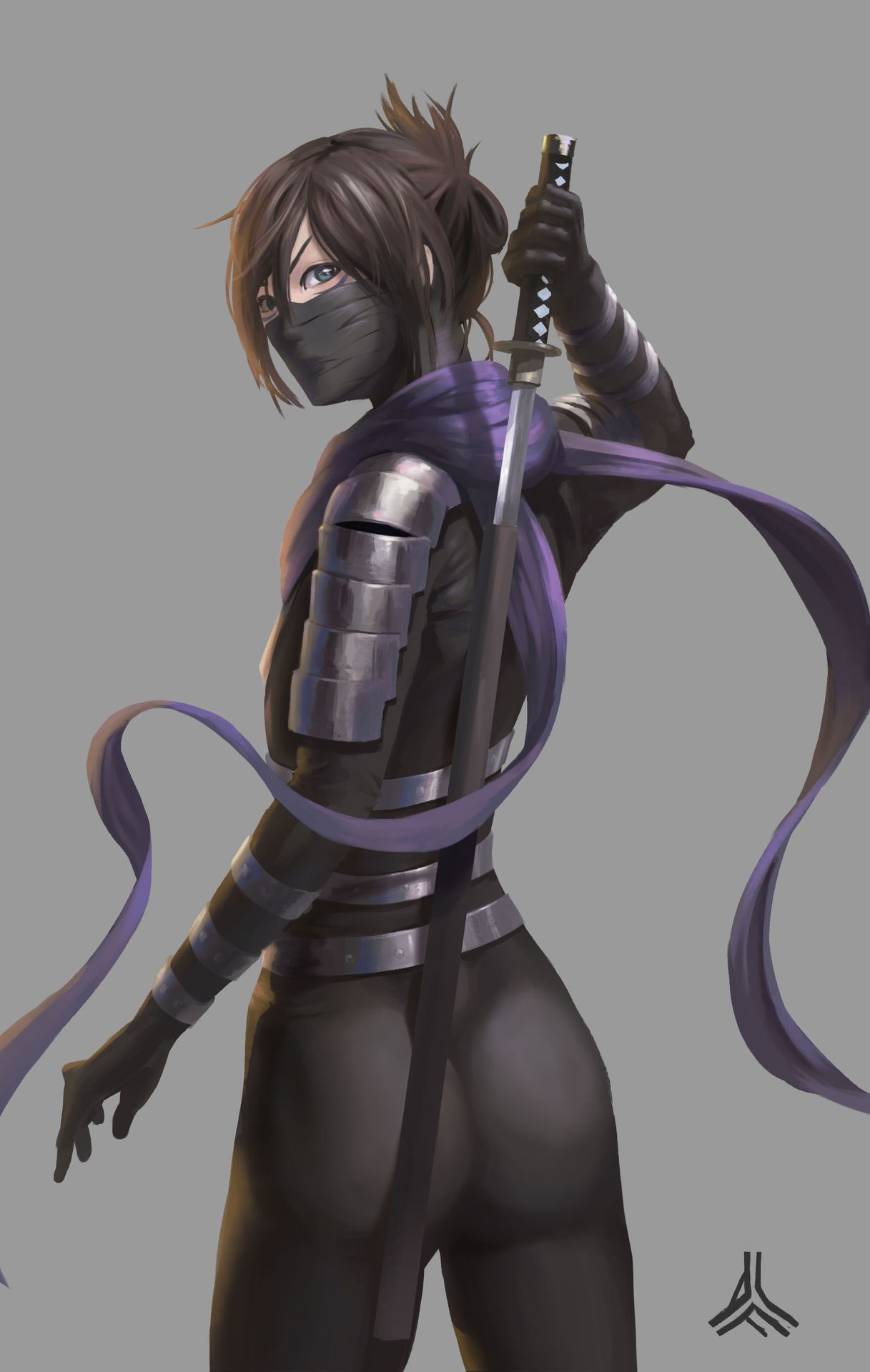 Anime 1217x1920 One-Punch Man ninjas Sonic (One Punch Man) anime sword women with swords rear view brunette ass mask simple background