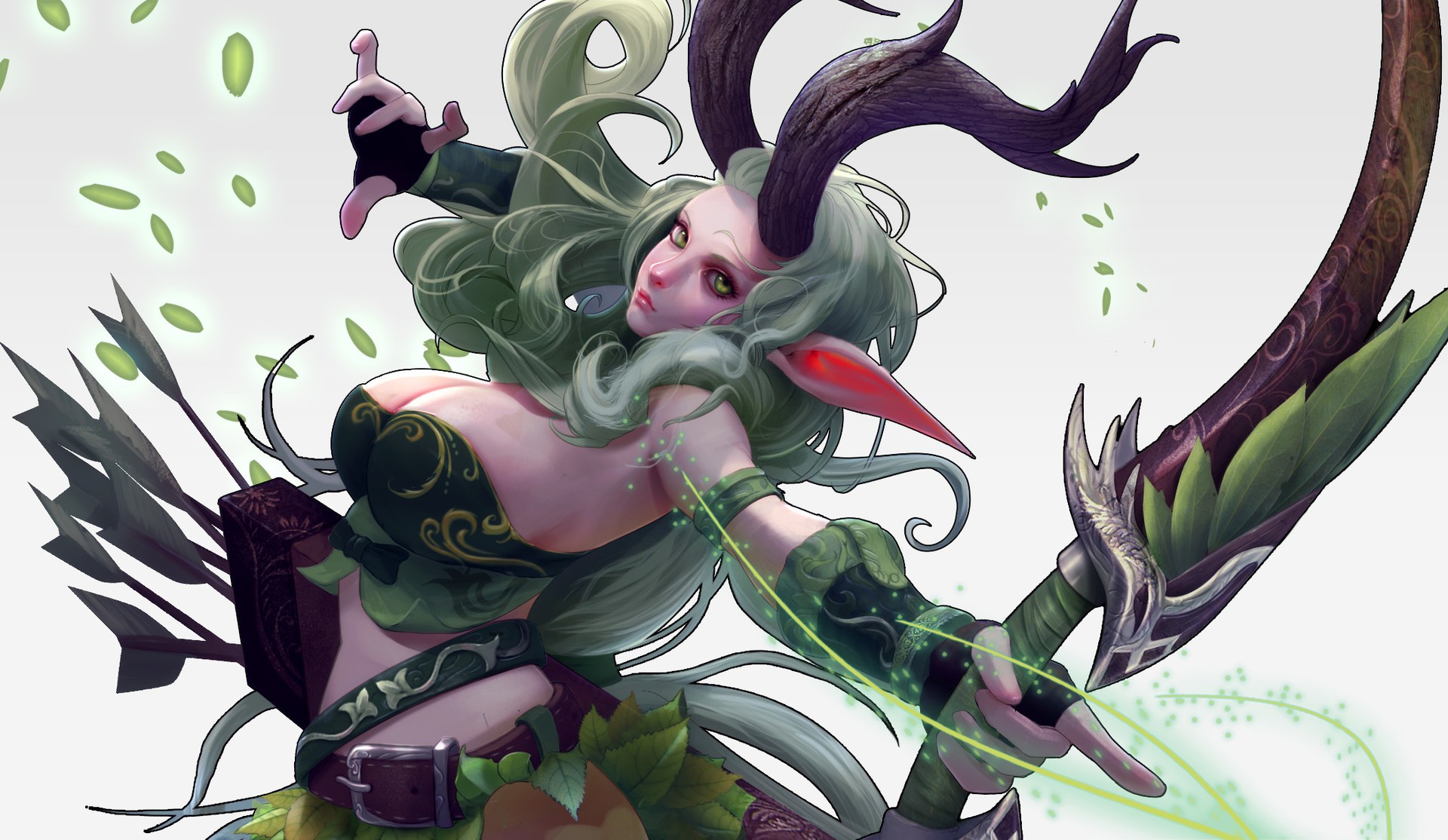 General 1920x1114 artwork women pointy ears horns archer simple background cleavage green eyes green hair boobs big boobs huge breasts antlers bow curvy fantasy girl fantasy art white background