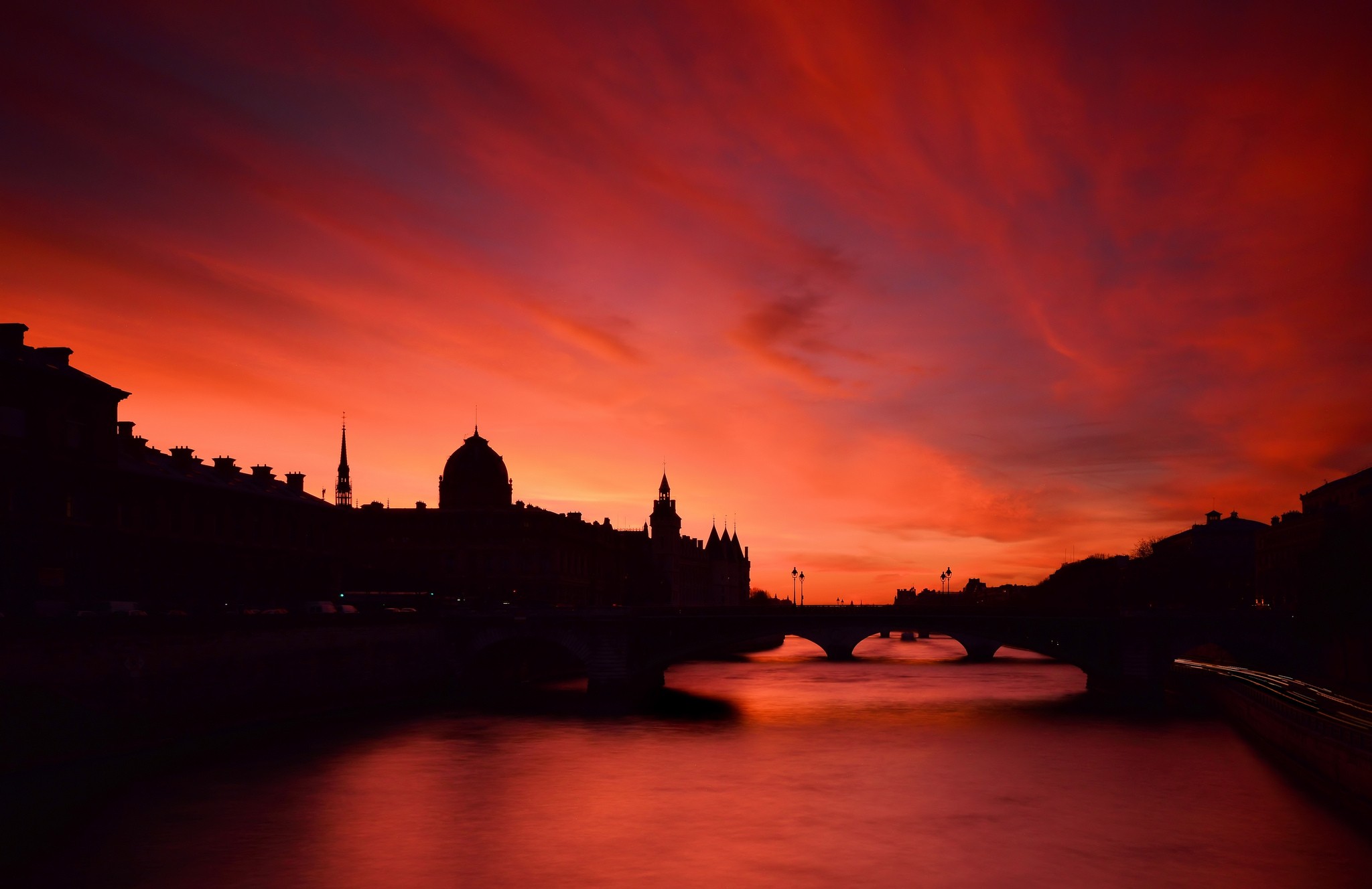 General 2048x1328 cityscape silhouette river red dusk sky dark sunlight orange sky