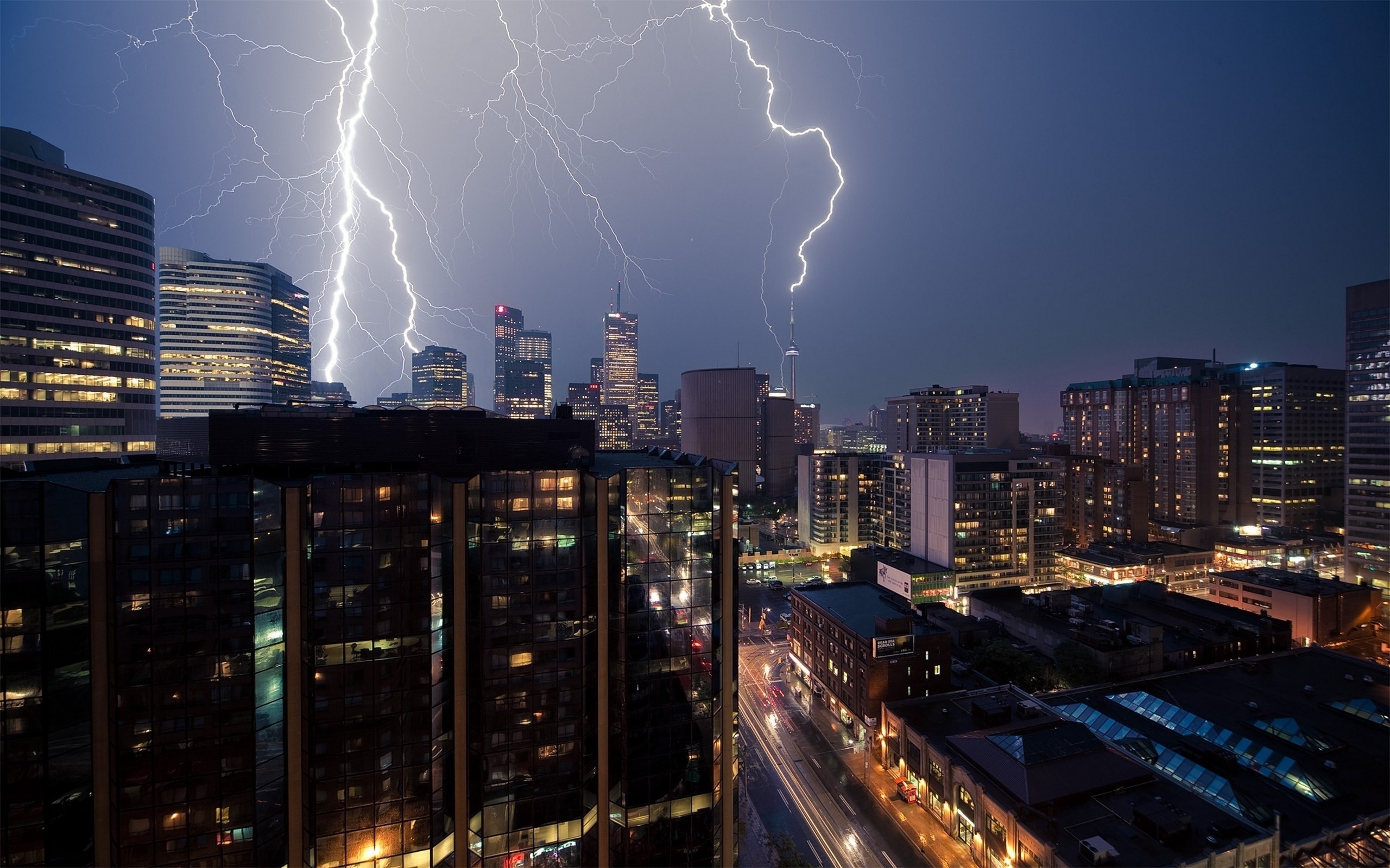 General 2560x1600 lightning urban city skyline Toronto CN Tower Canada city lights cityscape storm low light