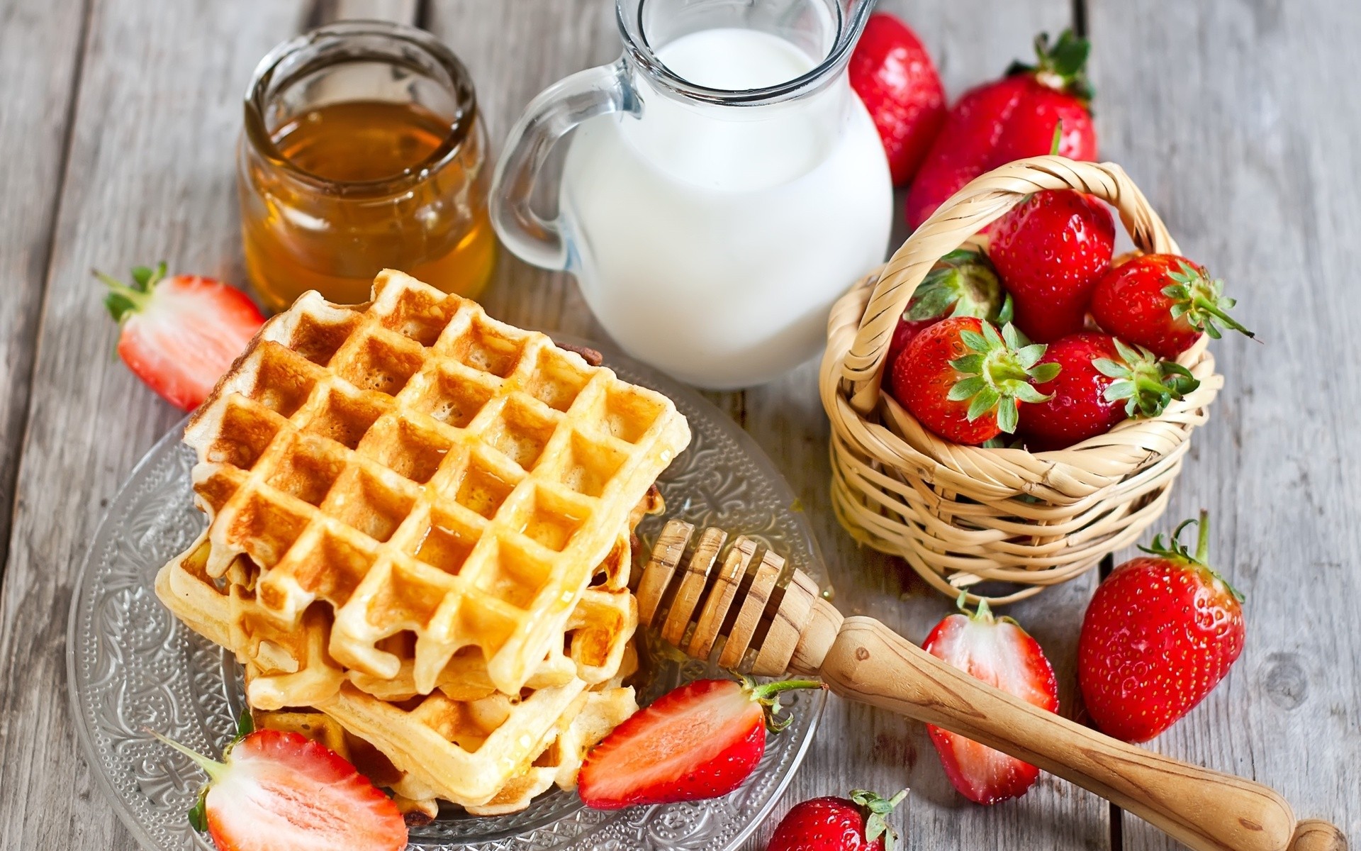 General 1920x1200 food colorful breakfast strawberries fruit honey milk wooden surface waffles sweets berries baskets