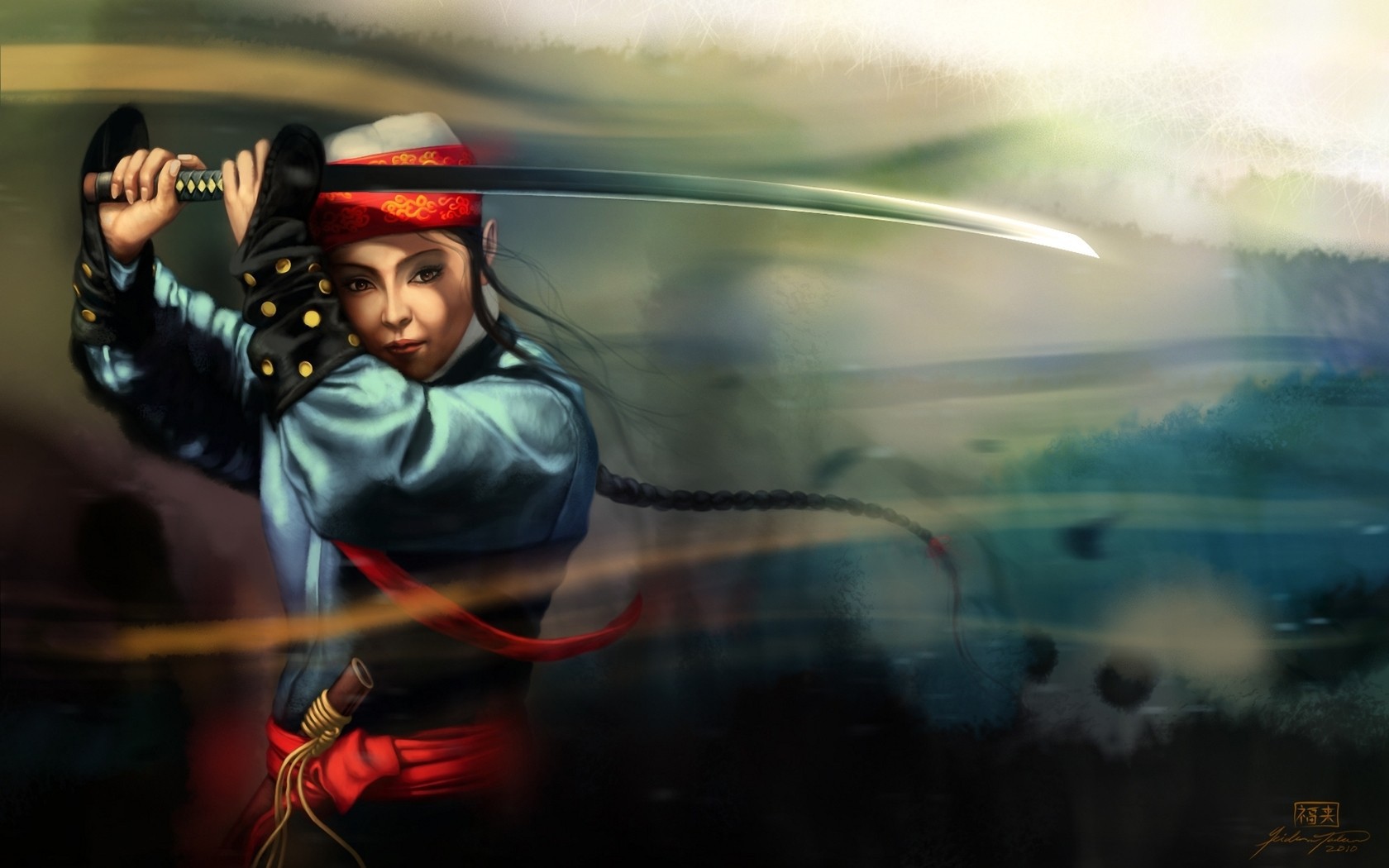 General 1680x1050 fantasy art sword fantasy girl women Asian katana women with swords weapon dark hair long hair