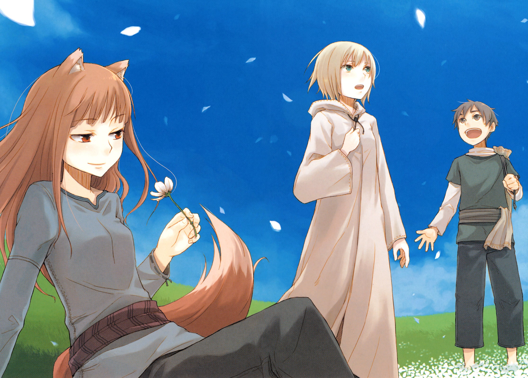 Anime 2231x1600 Spice and Wolf Holo (Spice and Wolf) anime wolf girls anime girls anime boys open mouth brunette standing long hair tail